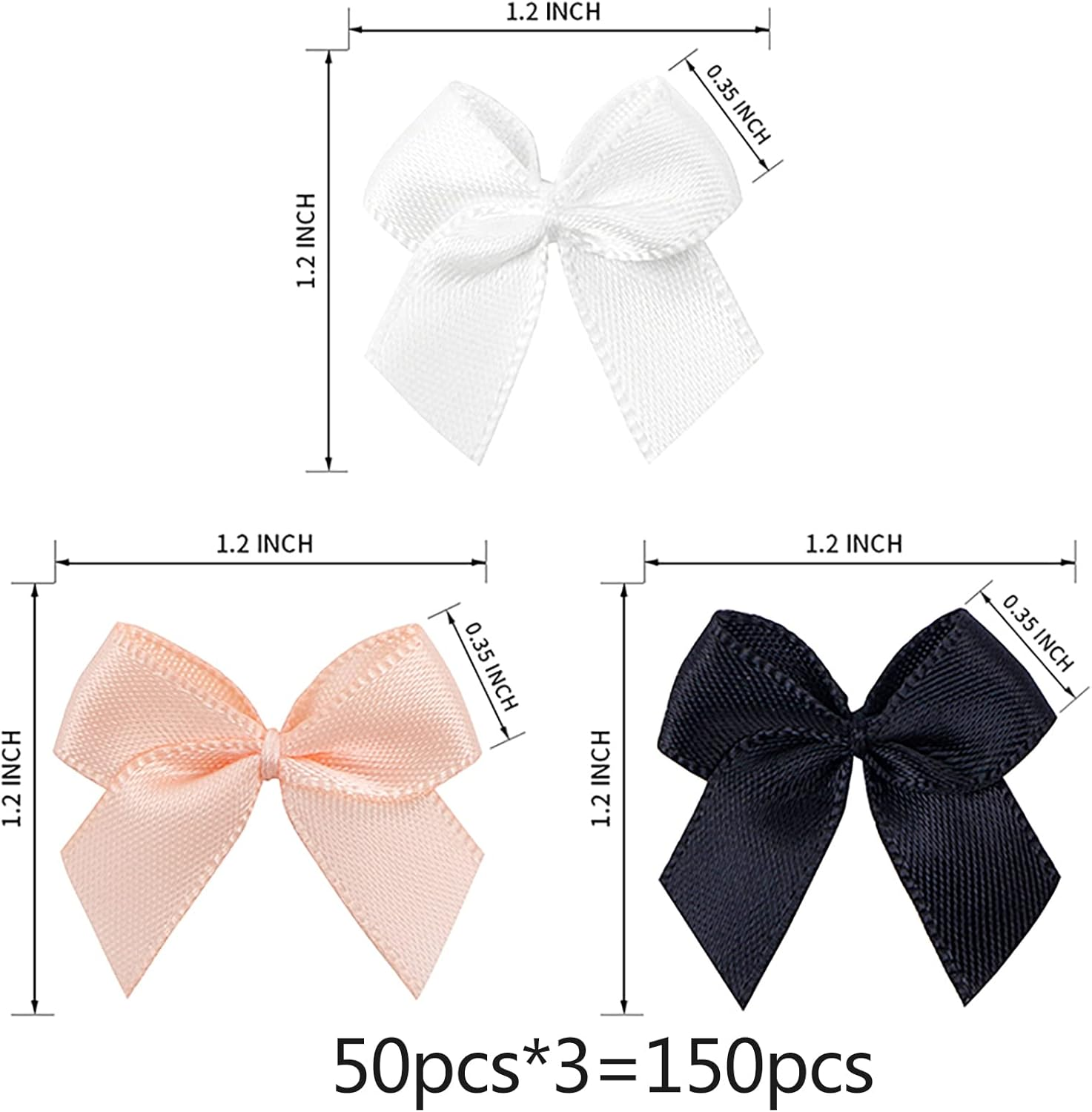 150 Pieces Mini Ribbon Bows for Crafts Black White Champagne Tiny Satin Bow for Gift Wrapping, Invitations, Christmas Tree - Black image number 5