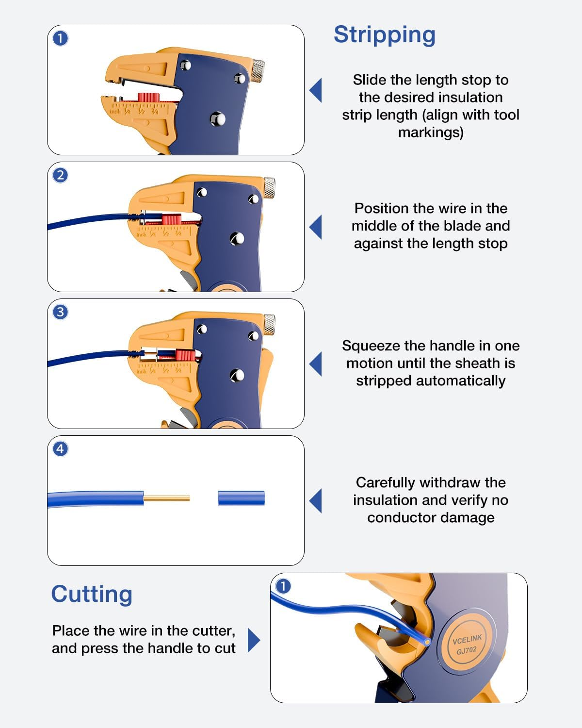VCELINK Automatic Quickstrip Wire Stripper and Cutter, Professional Quick Strip Wire Stripper, 2 in 1 Adjustable Electrical Cable Wire Stripping Tool&Eagle Nose Pliers (7-Inch) image number 5