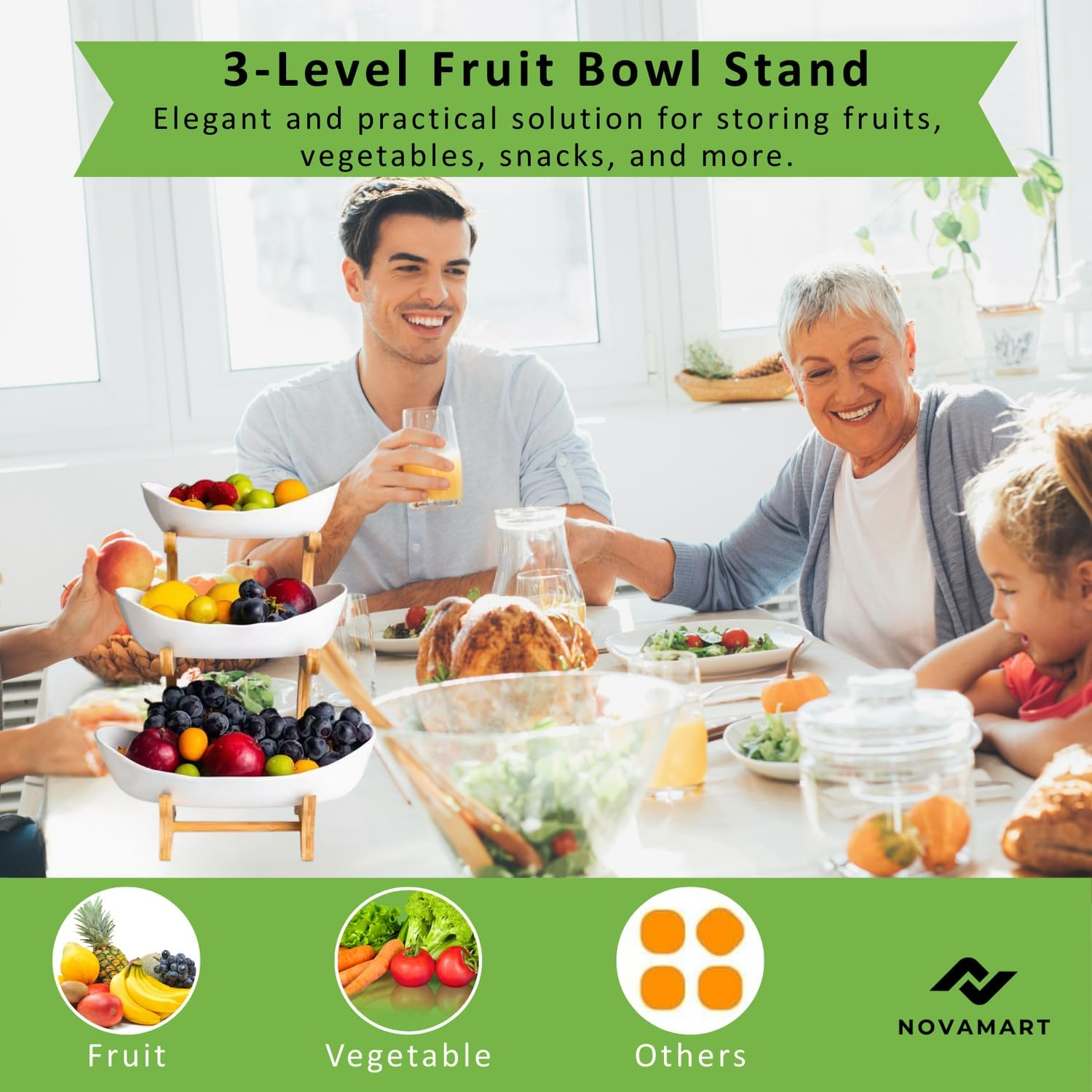 NOVAMART 3-Tier Fruit Bowl &ndash; Bamboo Wood Stand Tiered Fruit Basket for Kitchen Countertop, Produce, Vegetables, Bread & Snack Organizer &ndash; Space-Saving Counter Storage Display