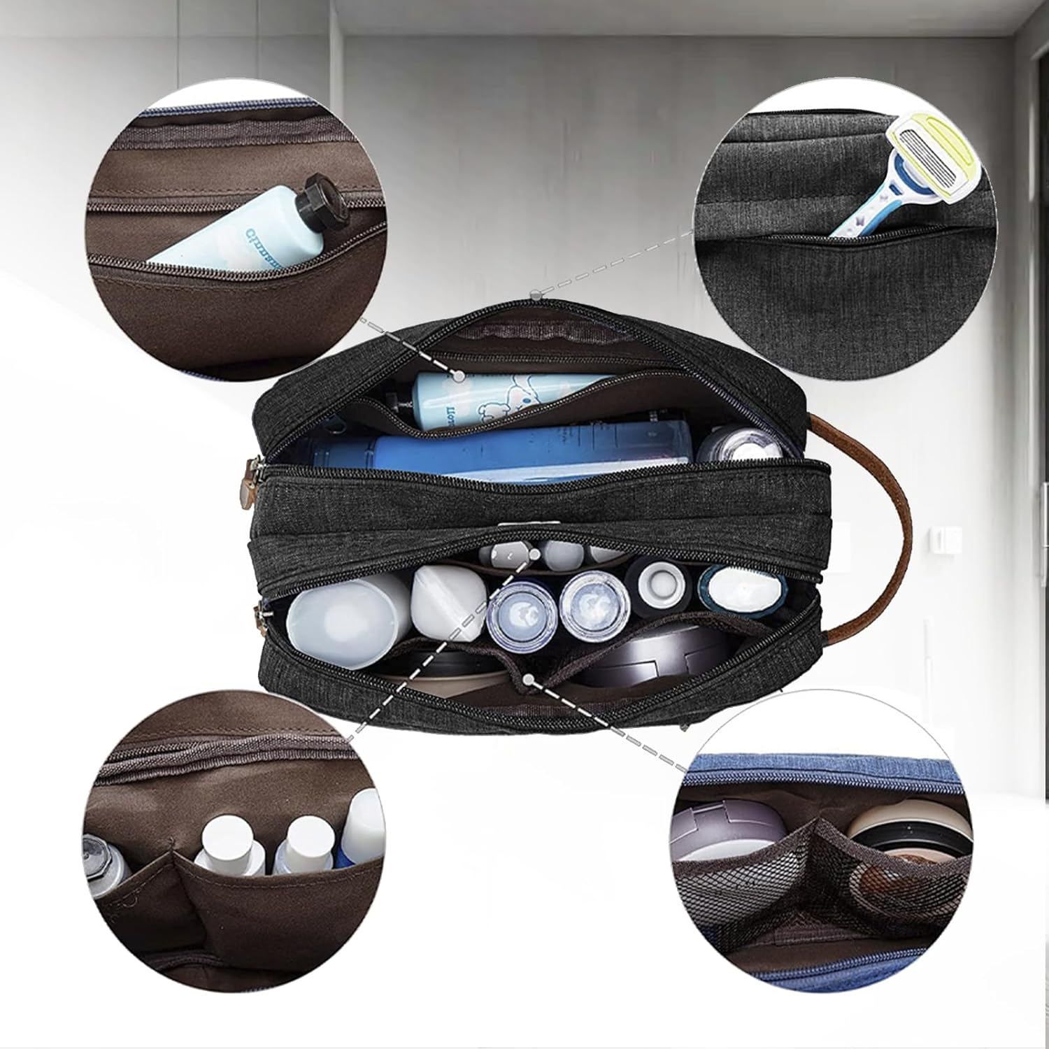 Viiotu Toiletry Bags, Wash Bag, Shower Bag, Mens Toiletry Bags, Ideal for Travel. Spacious Storage with Multiple Zippers, 300D Durable Fabric (Black) image number 1