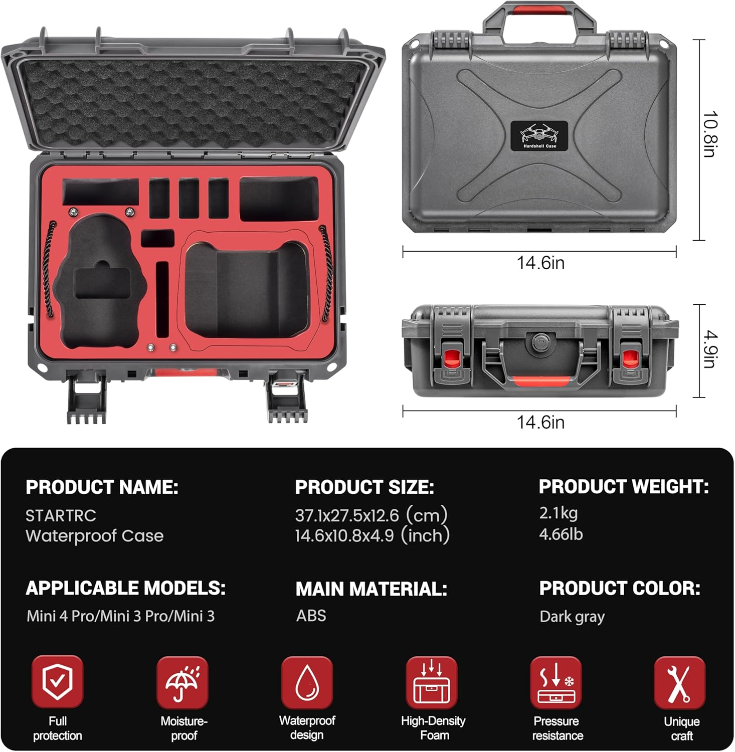 STARTRC Dual Layer Hard Case for DJI Mini 4 Pro Waterproof Drone Carrying Case for DJI Mini 4 Pro 3 Accessories - Fits for RC 2/RC-N2 Controller, Battery Charger Hub - Grey image number 3