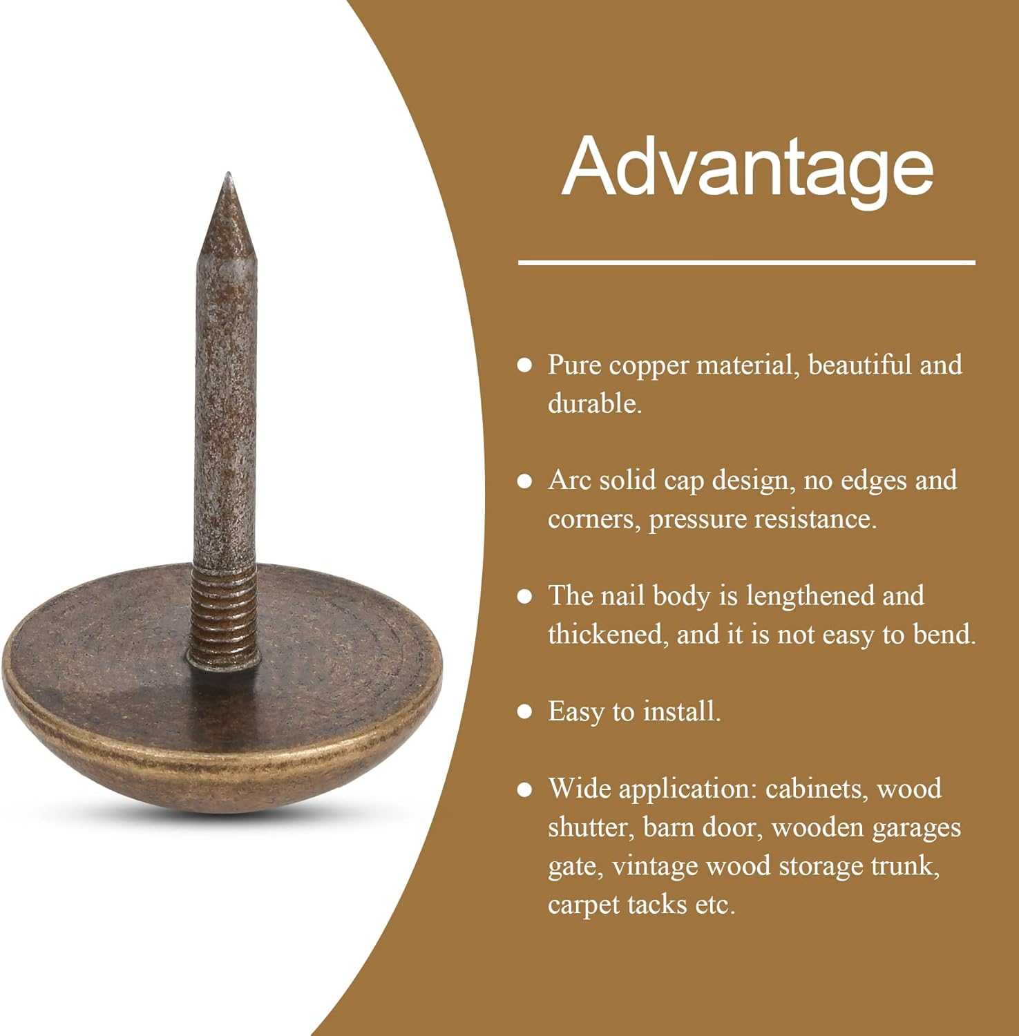 Retro Solid Pure Brass Tacks as Antique Upholstery Tacks for Furniture, Decorative Push Pins for Wood,Carpet Tacks,Hardware Tacks,Cap Tacks,Thumb Tacks,Brass Fasteners(7/10",18Mm Brozen Color,10 Pcs) image number 1