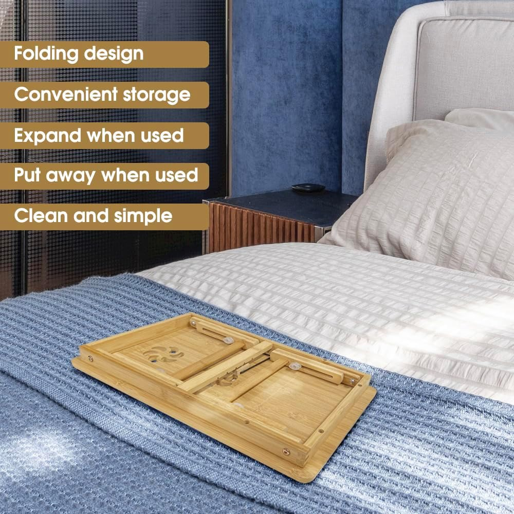 Portable Lap Desk, Clevinger Laptop Desk for Serving Bed Tray Breakfast Table, Bamboo Adjustable Height Angle Foldable Stand with Tablet Phone Slot Notebook Computer Work Study Reading Kids, 50X30Cm image number 5