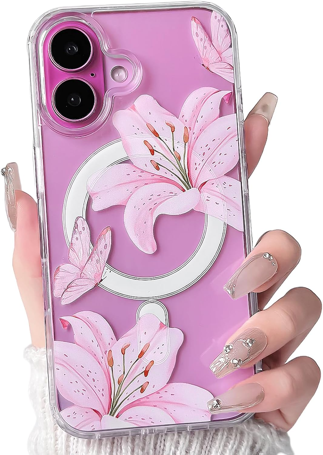 NITITOP Compatible with Iphone 11 Case Clear Magnetic Compatible with Magsafe Cute Lily Flowers Floral for Women Girls Hard PC Back Shockproof Protective Phone Cover - Pink