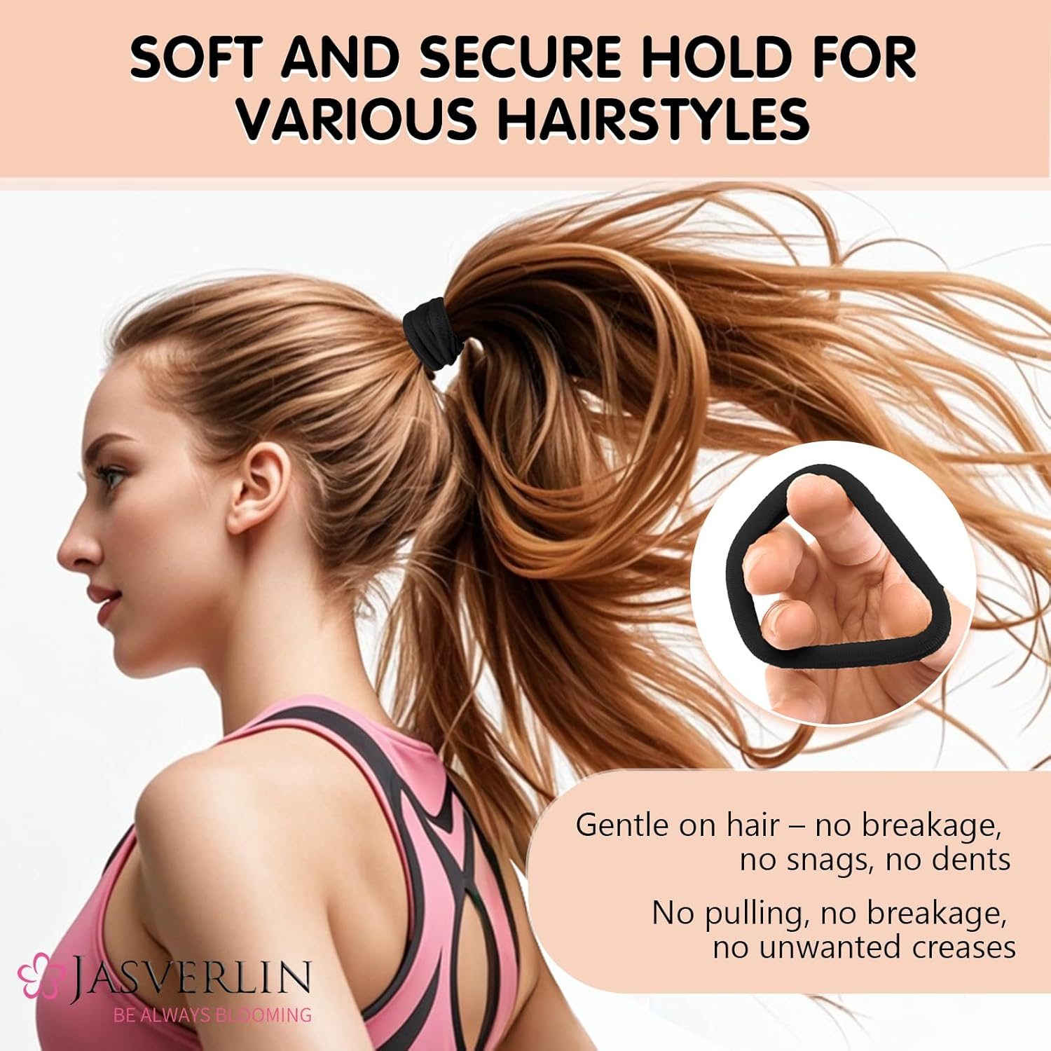 JASVERLIN Black Large Thick Hair Ties, Seamless Cotton Fabric, Stretchy Ponytail Holders Soft Skinny Scrunchies No Damage Hair Bands for Girls Women Men 2.4Inch 30 Pcs image number 2