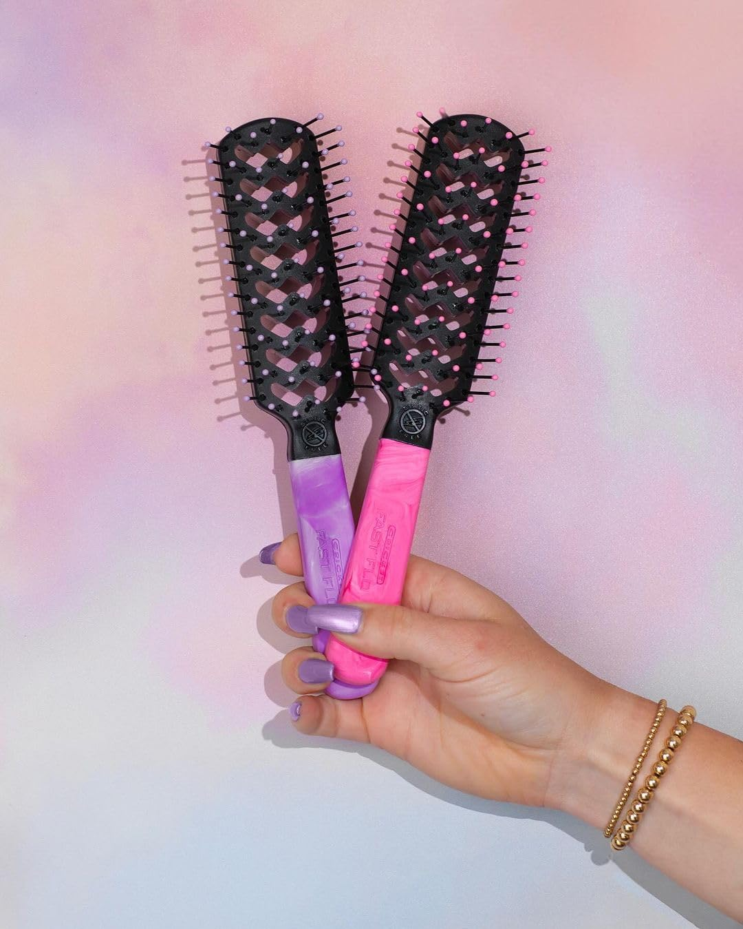 Cricket Static Free Fast Flo Pretty Karma Vent Hair Brush for Blow Drying, Styling and Detangling for All Hair Types, Eco Friendly, Recycled Materials, Pretty Trashy - Pink