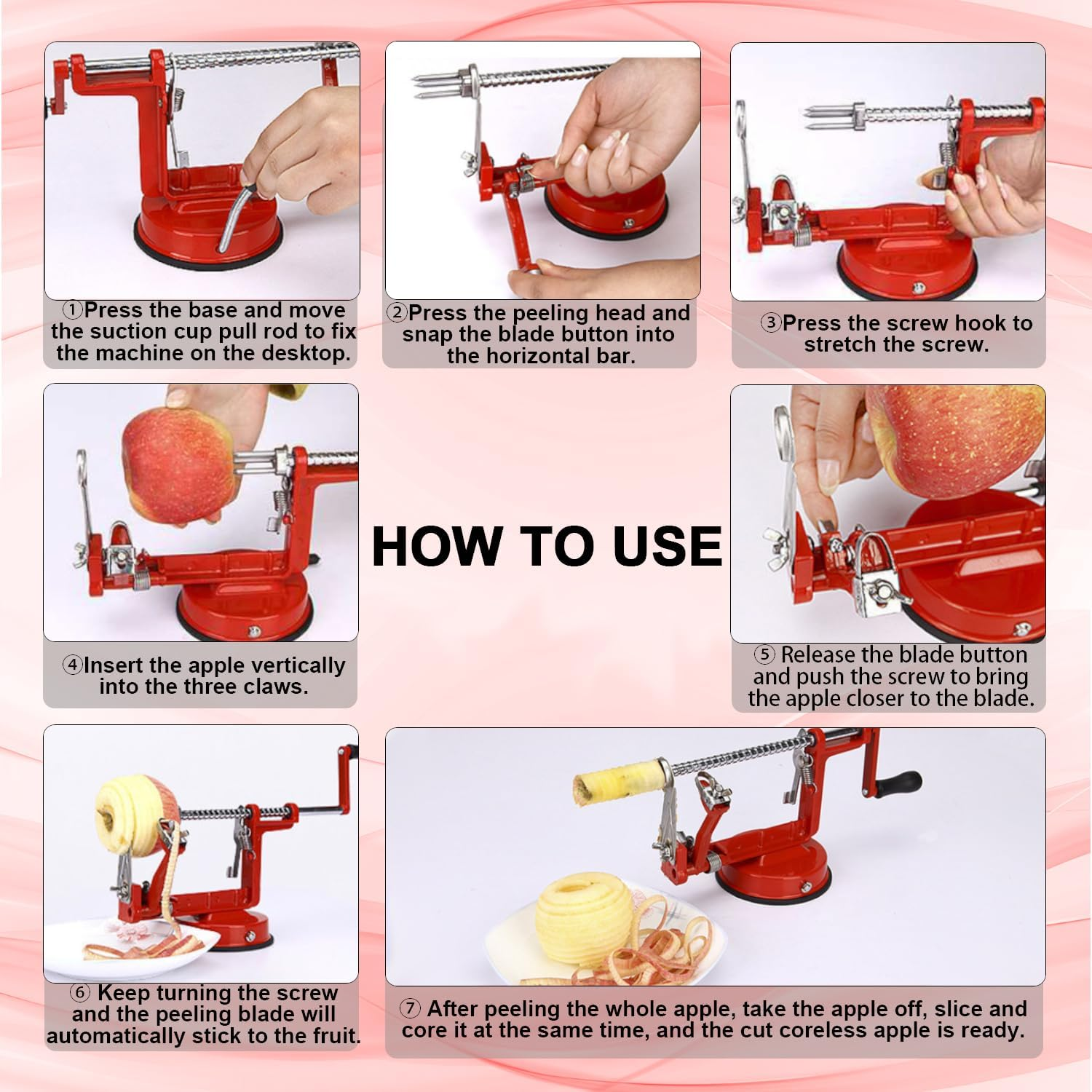 Apple Peeler, Apple Peeler Slicer Corer, Durable Hand-Operated Fruit Peeler with Stainless Steel Blades and Powerful Suction Base for Apples Pears Potatoes (Red)
