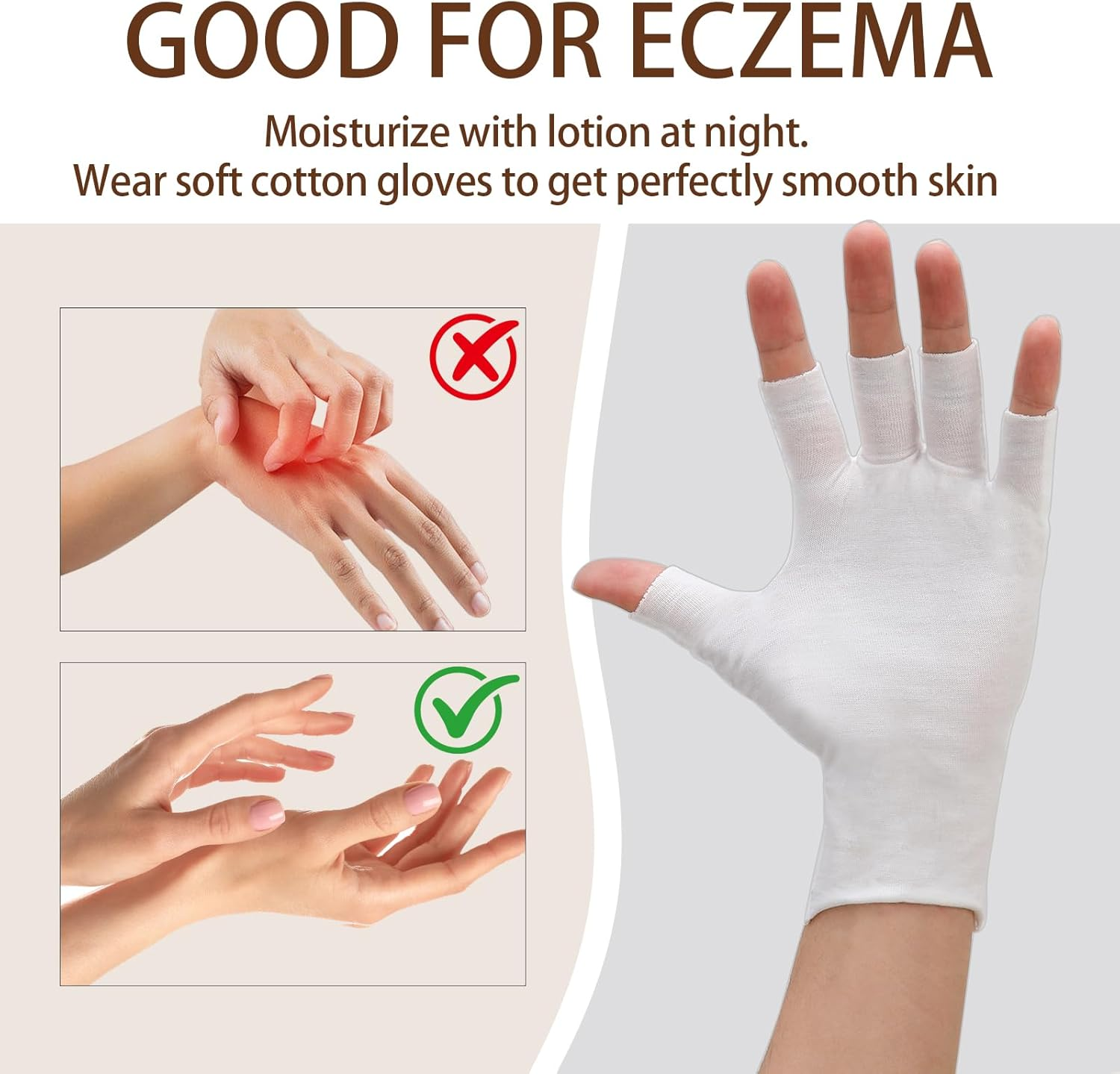 EXEXIUO 3 Pairs of Fingerless Cotton Gloves 100% White Cotton Moisturizing Gloves Cut 5 Fingertips Overnight Hydration Fits Most Dry Hands, Eczema Gloves image number 3