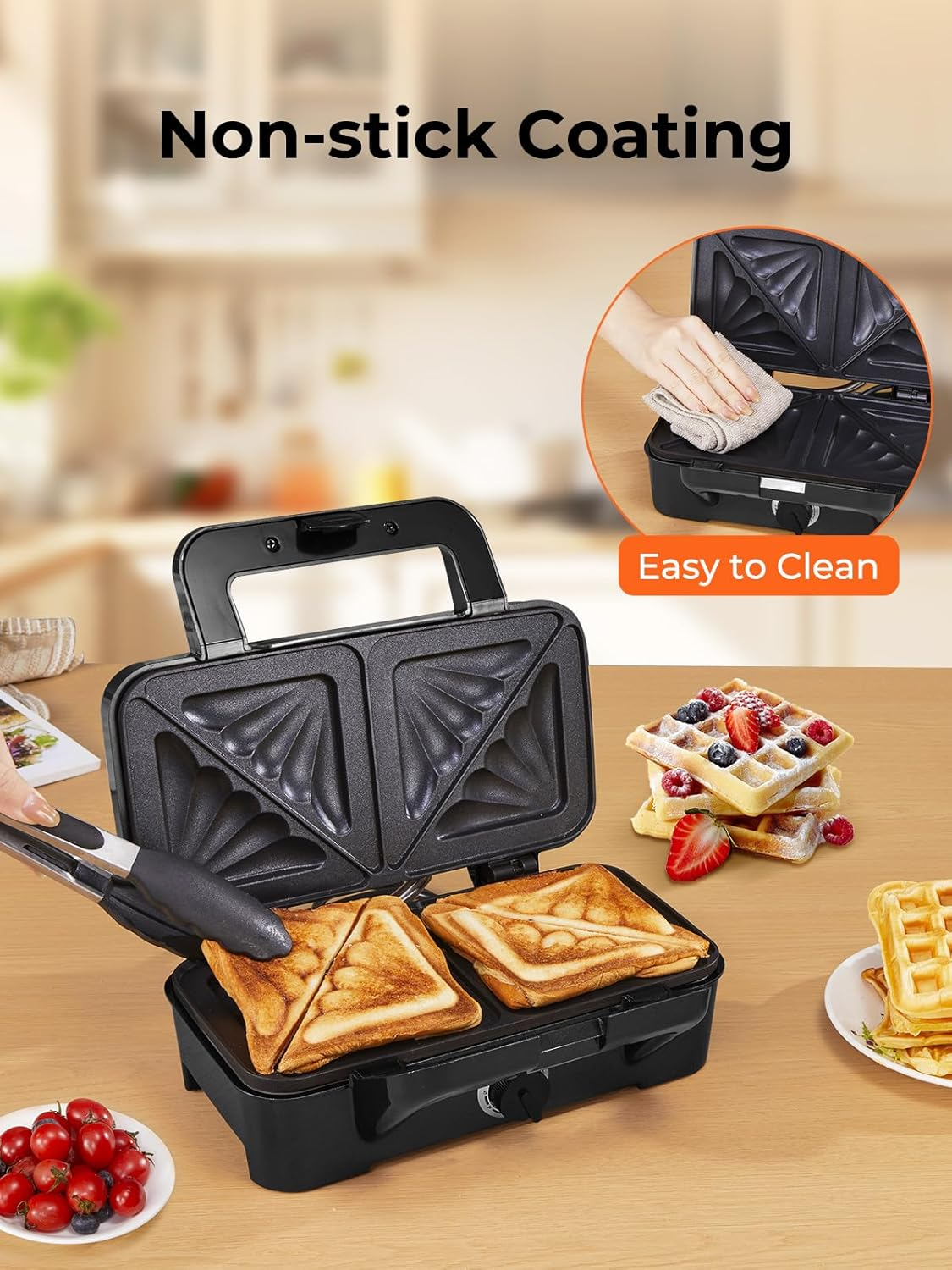 Sandwich Maker 1200 Watt Waffle Iron Sandwich Toaster 3 in 1 (Sandwich, Waffle, Grill Plate), Housnat Contact Grill with 5-Speed Temperature Control and Non-Stick Coating Plates, LED Display image number 6