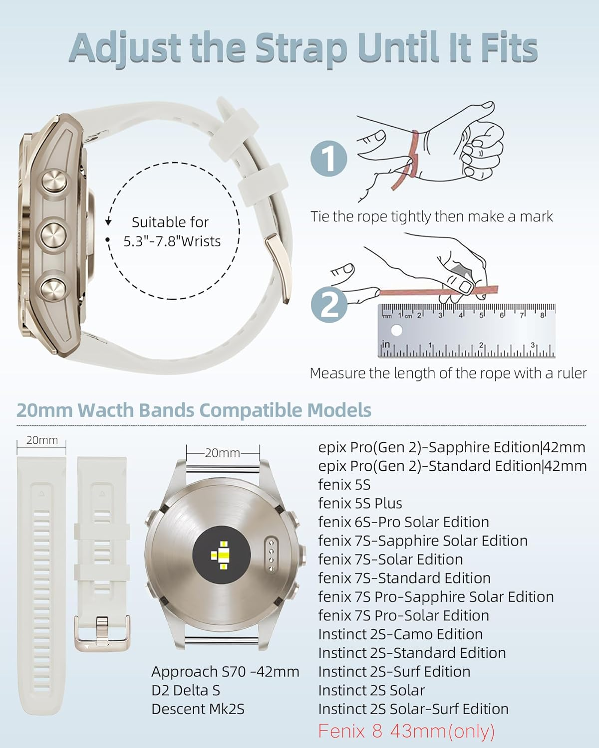 PCAVO 20MM Watch Band for Garmin Fenix 5S 6S 7S Pro Solar Quick Fit with Light Gold Buckle Soft Silicone 20 Bands Replacement for Garmin Epix Pro Gen 2 42Mm Descent Mk2S/3/3I for Women