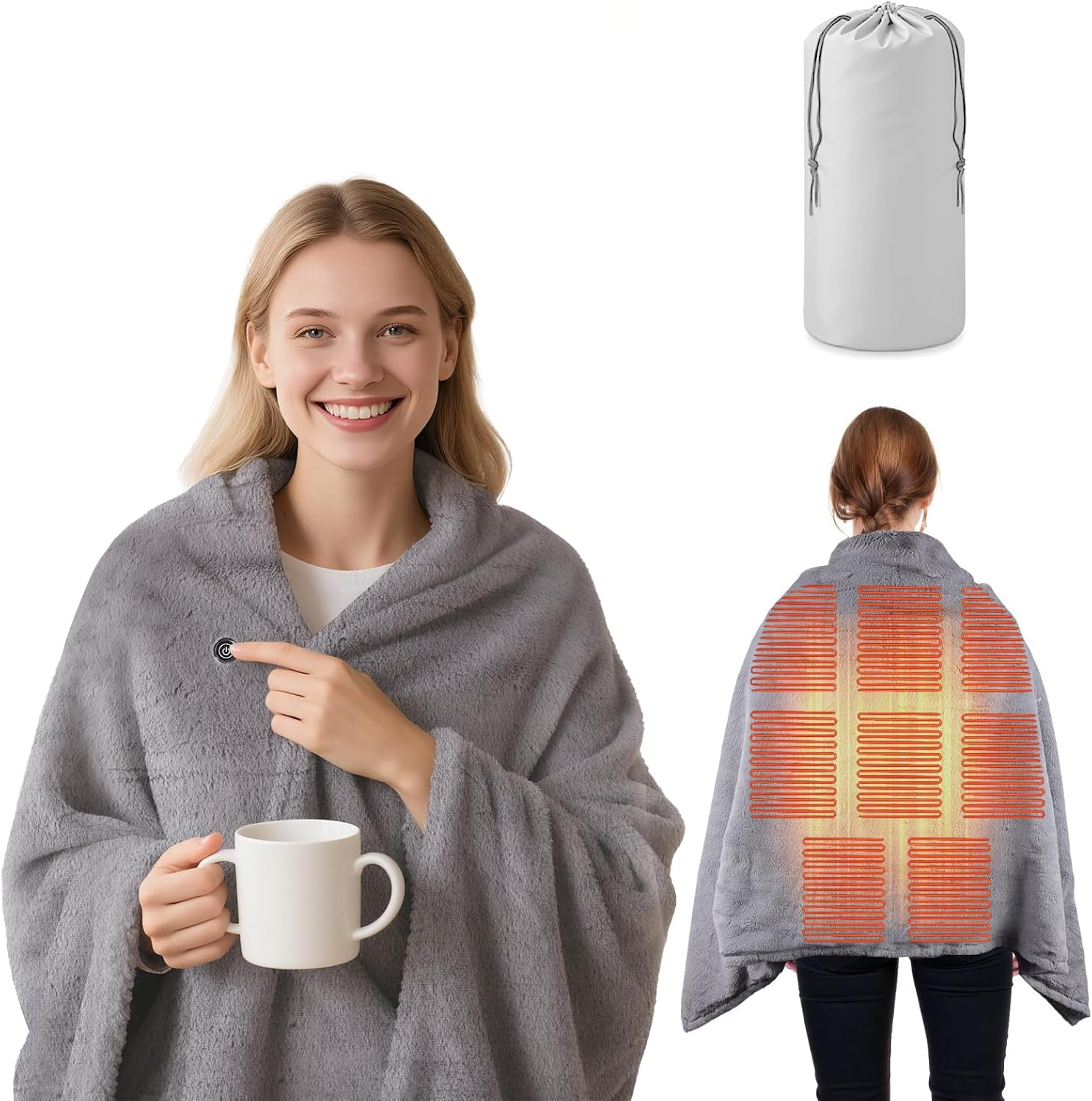 Portable USB Heated Blanket Shawl,2-In-1 Heated Blanket and Shawl,Thickened and Warm Enough Portable Electric Blanket 3 Heating Levels,Heats up to 55 Degrees, Auto-Off,For Home,Office,Camping, Travel image number 2