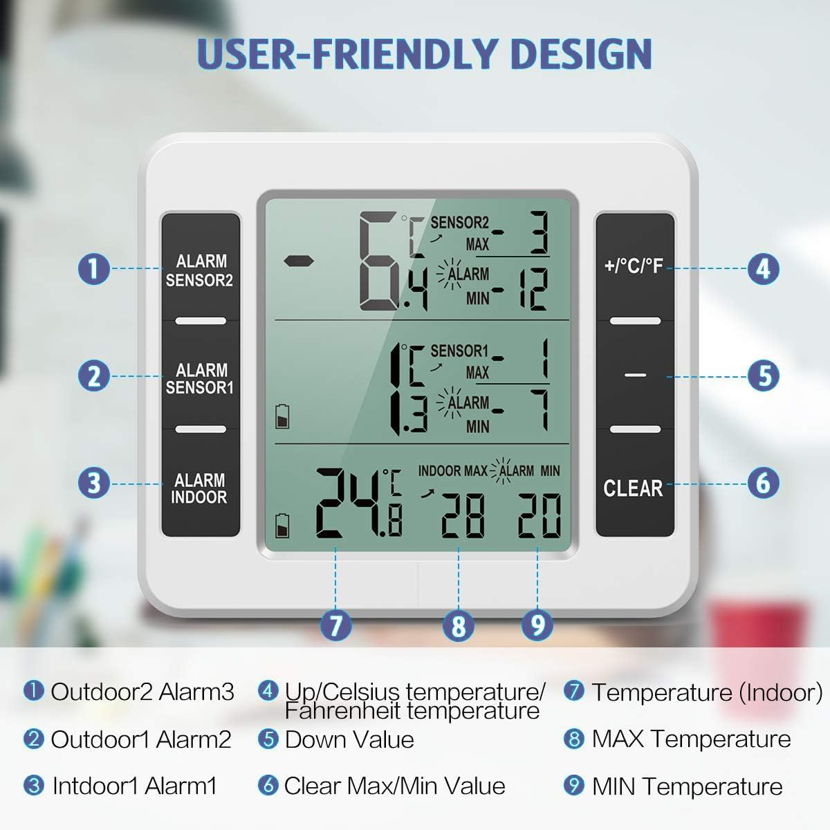 ​​Refrigerator Digital Thermometer Hygrometer, Fridge Thermometer with 2 Sensors, Temperature Alarm, Min/Max, Temperature Trend Display, Indoor Room Thermometers for Home, Restaurant, Bar image number 2