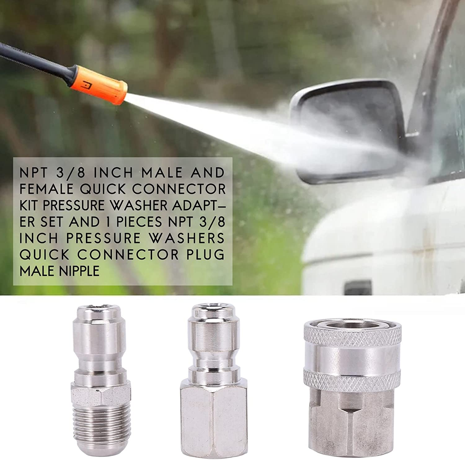 NPT 3/8 Inch Male and Female Quick Connector Kit Pressure Washer Set and 1 Pieces NPT 3/8 Inch Pressure Washers Quick Connector Plug Male Nipple image number 2
