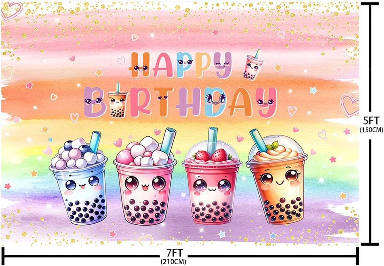 AIBIIN 7X5Ft Millk Tea Birthday Backdrop Kawaii Bubble Par-Tea Party Photography Background Colorful Rainbow Pearl Milk Tea for Boys Girls Birthday Party Decor Banner Photo Props