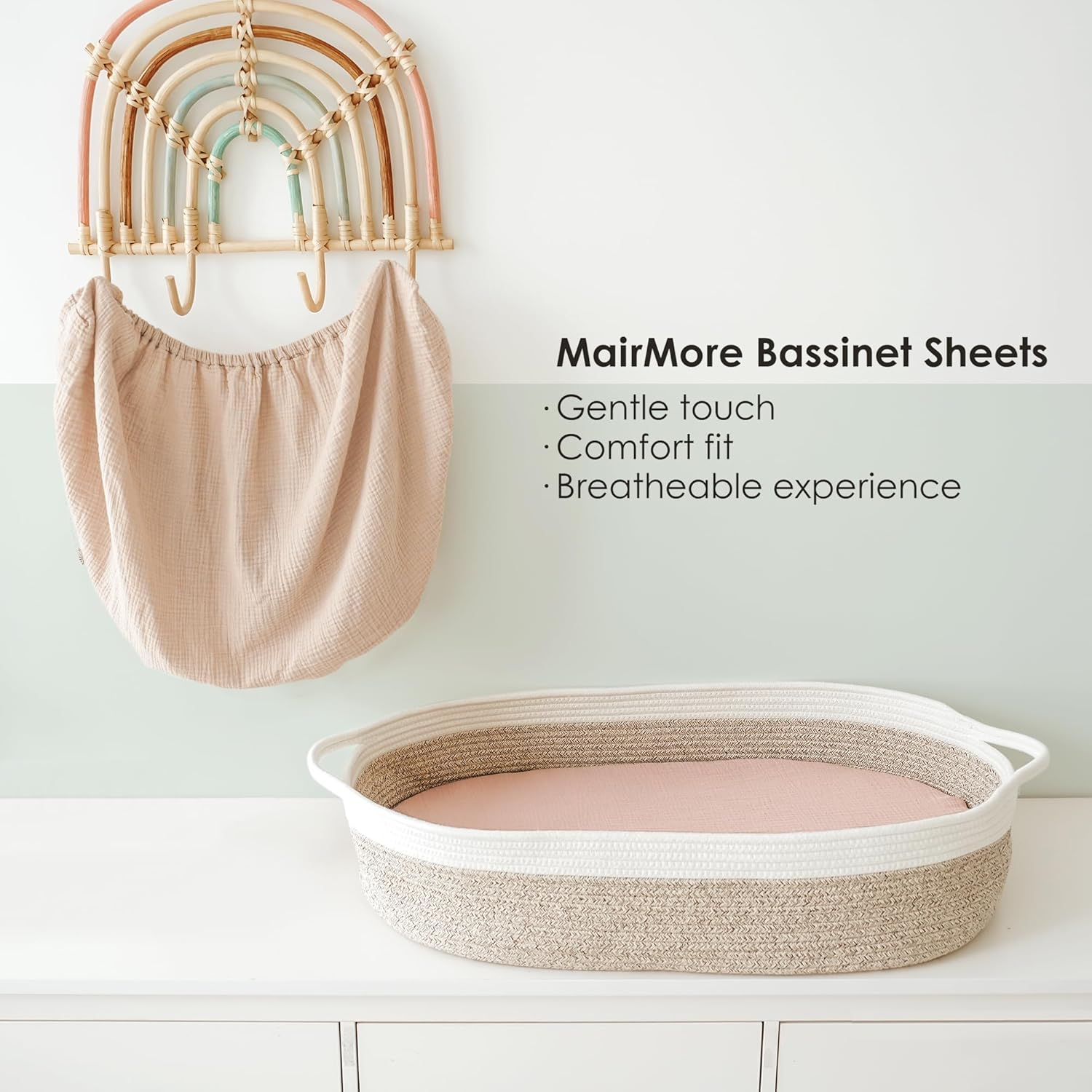 Muslin Bassinet Sheets for Babies &ndash; Soft & Breathable 100% Cotton Fitted Sheets for Oval, Rectangle, Hourglass Bassinet Mattress Pads, 2-Pack (Ivory & Pink) image number 3