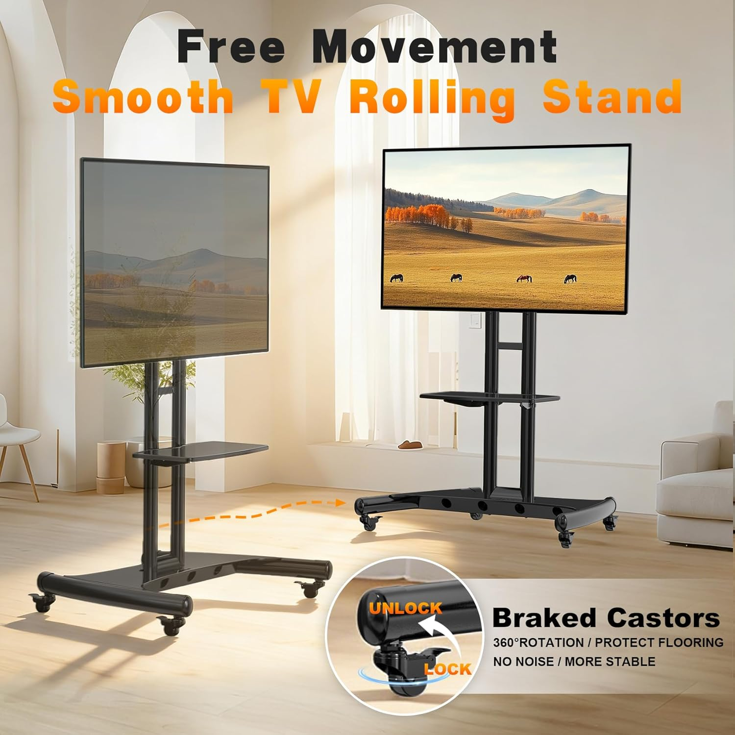 NB North Bayou TV Floor Stand with Wheels, Universal Rolling TV Cart with Storage Shelf - Height Adjustable TV Stand Trolley for 75 65 55 40 32 Inch Tvs for Home Office, Max Load 45.5KGS image number 1