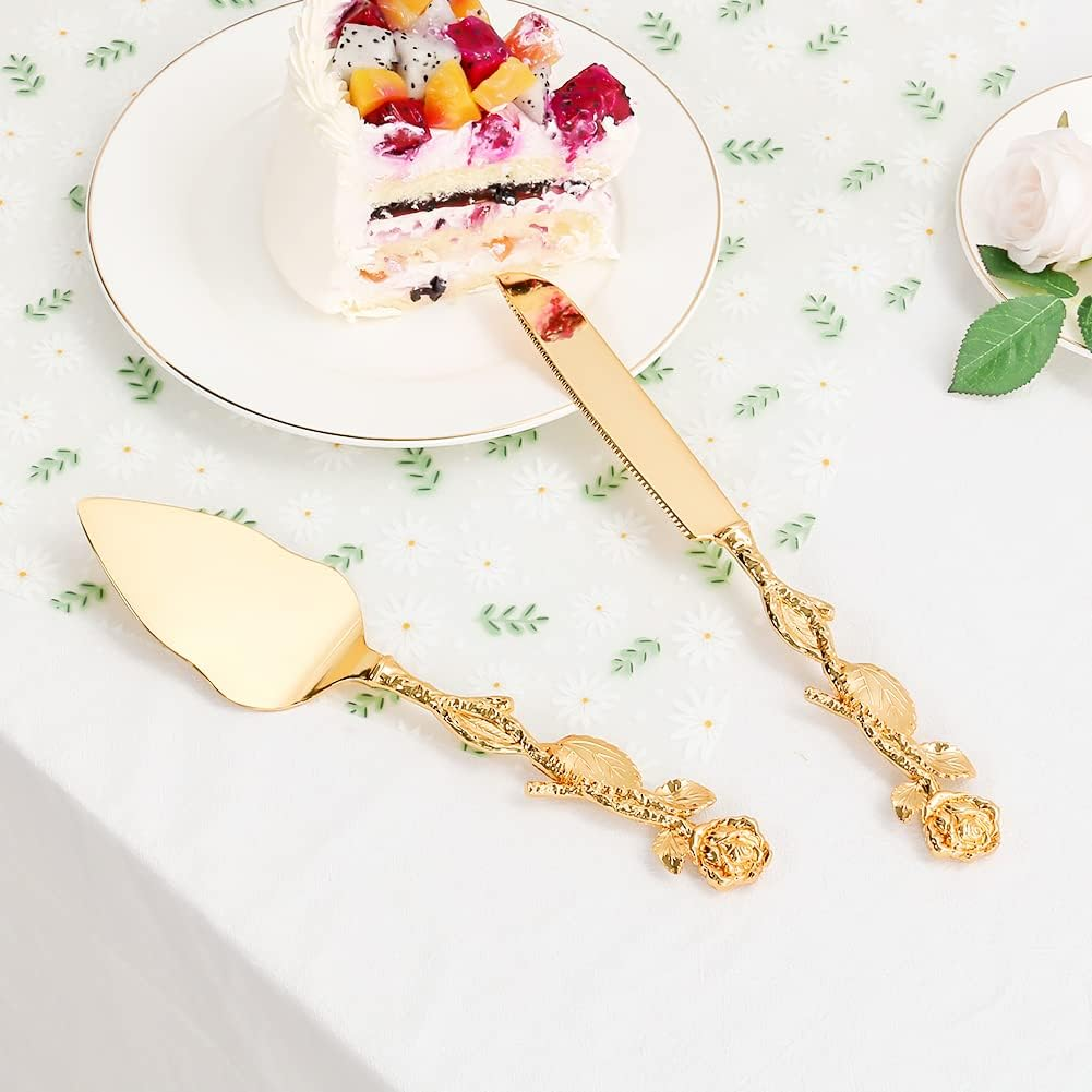 Cake Cutting Set for Wedding, Personalized Gold Cake Knife and Server Set, Custom Cake Serving Set, Engraved Pastry Pie Server Cake Pizza Cutter, Birthday Bridal Gift (F-Rose), GF678 image number 3