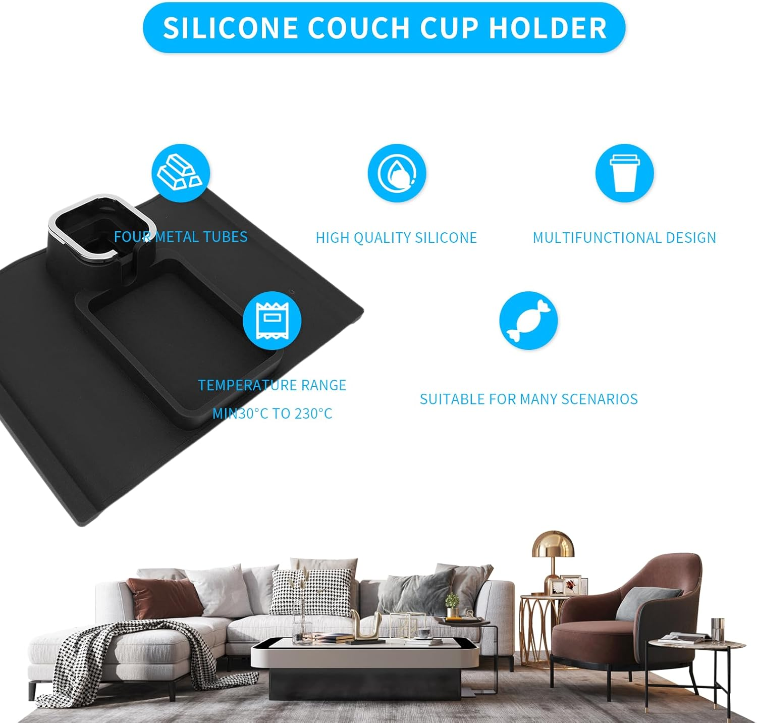 Couch Cup Holder, Silicone Couch Cup Holder and Sofa Armrest Tray, Couch Table Tray for Strong and Weighted Remote/Snacks/Cellphone/Earbuds, Mom, Dad, Grandma or Grandpa (Black)