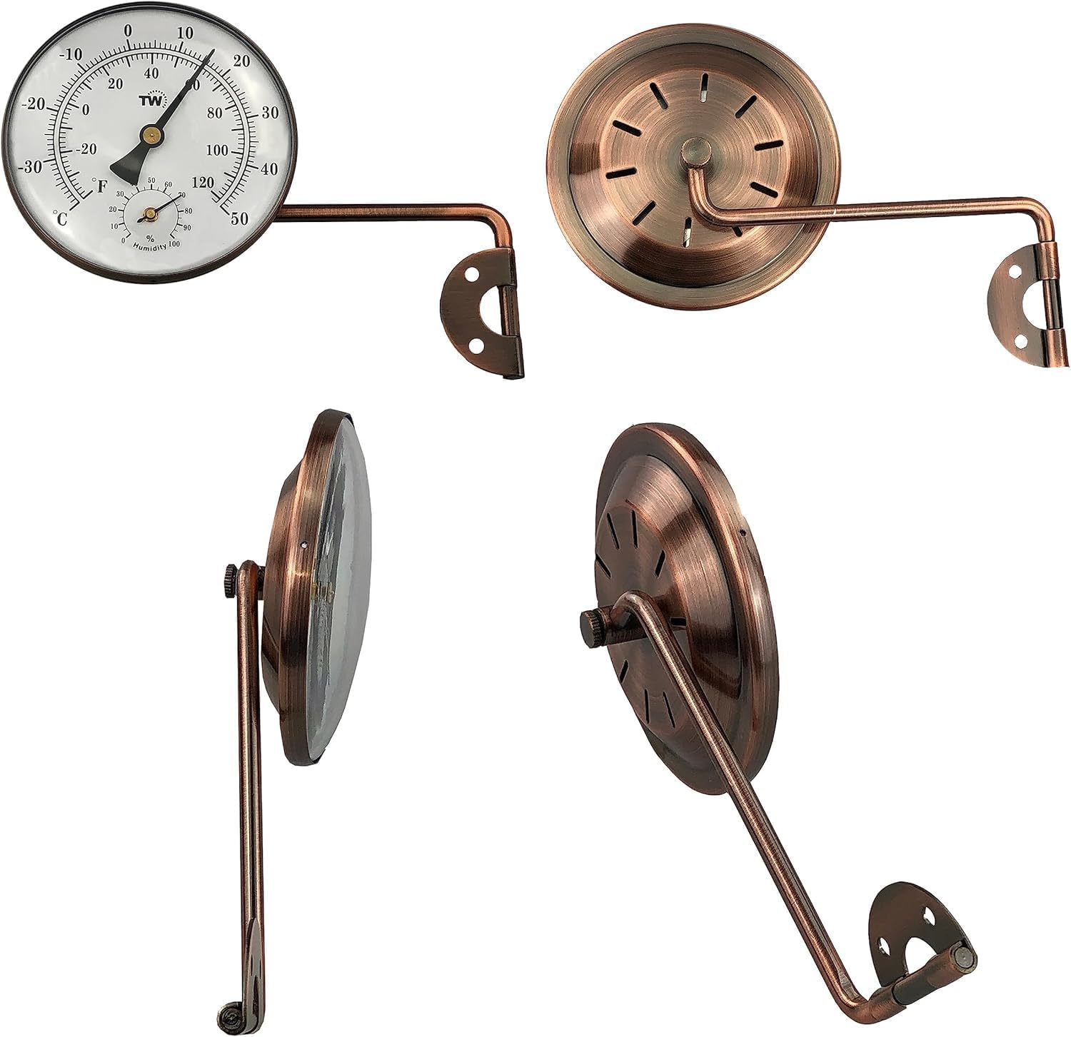 Brass Outdoor Thermometer Hygrometer with Stylish Dial Design - Garden Thermometer Suitable for outside Temperature and Humidity Meter Gauge Wall Greenhouse Garage Swinging Arm for Easy Positioning