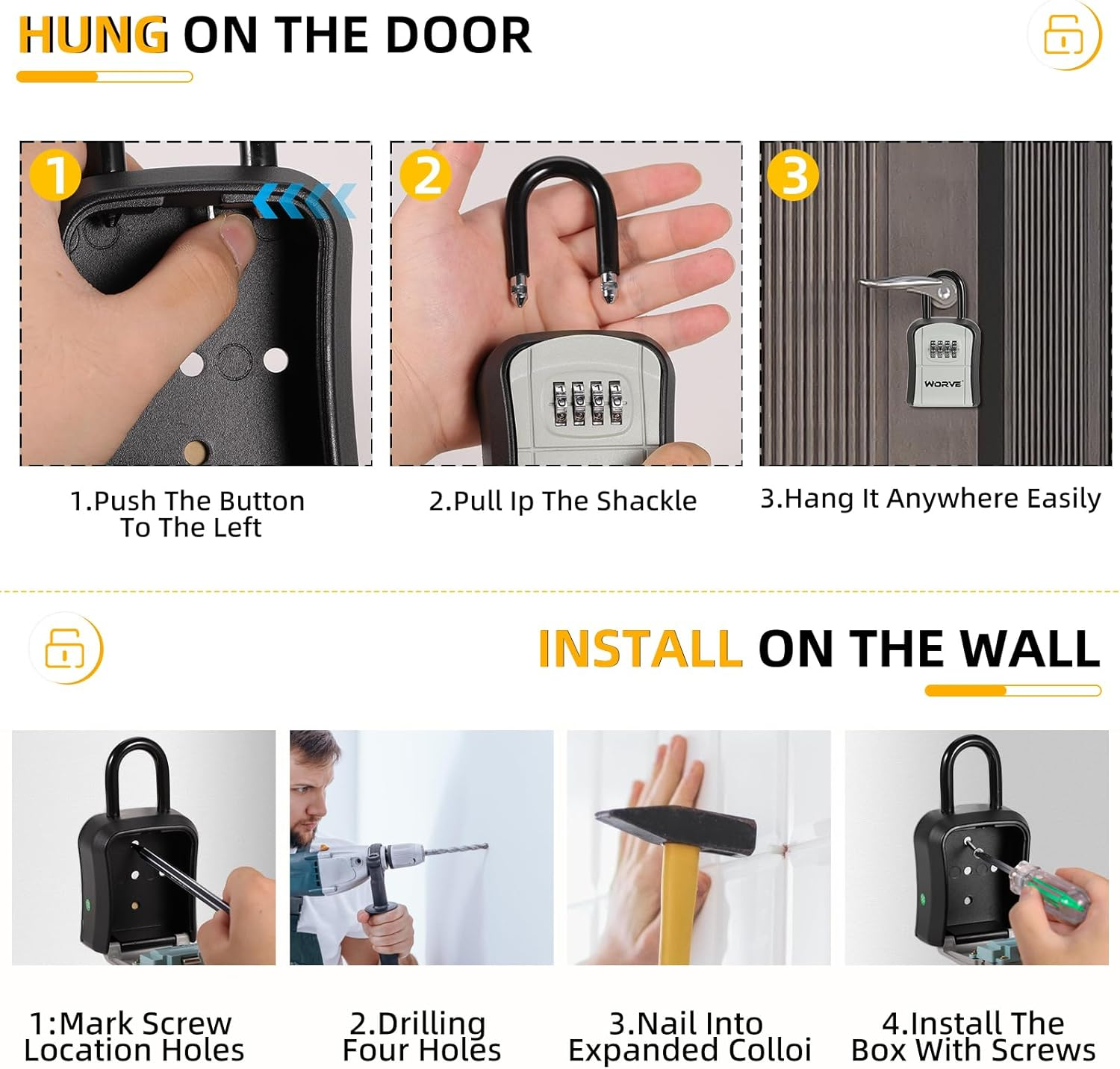 Worve Key Lock Box,Lock Box for House Key, 4-Digit Combination Security Lockbox, Portable Wall Mounted Storage Lock Box for Home, Office, Apartment Spare Key Storage (1 Pack, Black)