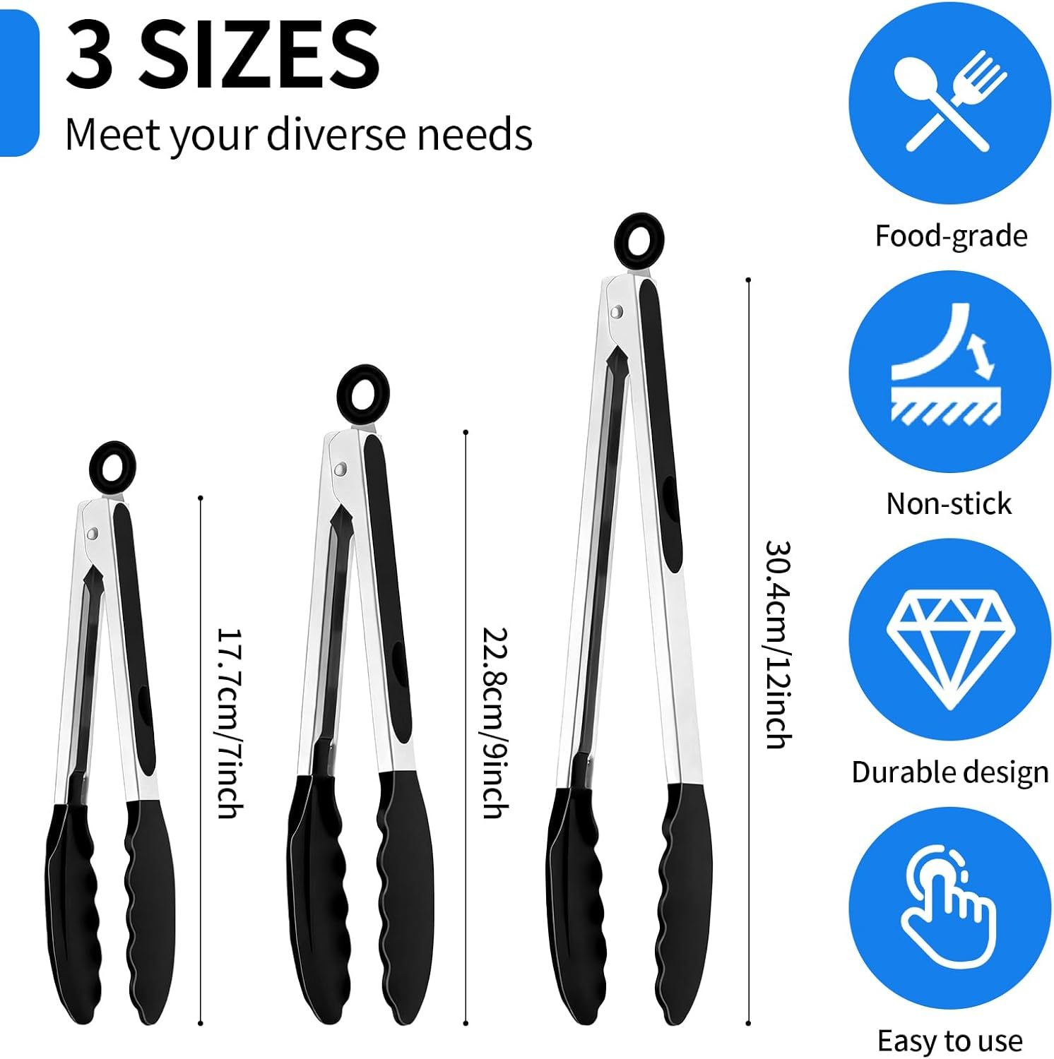 Silicone Tongs Set of 3, Stainless Steel Kitchen Tongs 18/23/30 Cm with Non-Stick Tips, Heat Resistant Cooking Utensils for Grill BBQ Frying Salad Serving (Black) image number 6