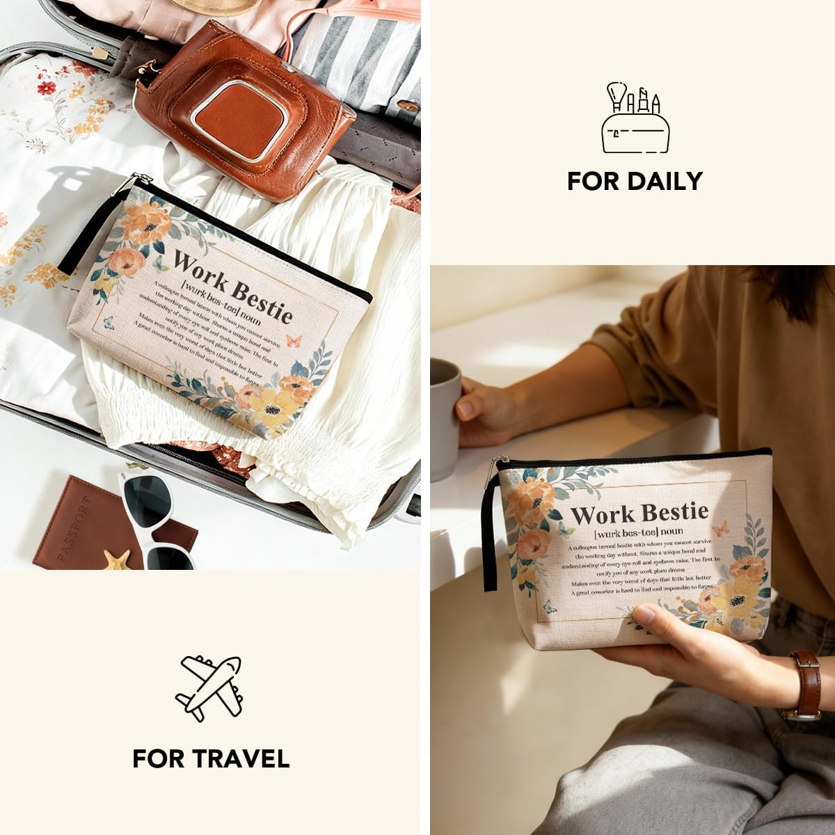 Funny Work Bestie Noun Makeup Bag Thank You Retirement Gifts BFF Gifts Friendship Gifts for Women Friends Coworker Colleague Cosmetic Bag Zipper Pouch Bag Travel Bag for Birthday Christmas, Beige0426, 9.5X6.3X1.6 Inches image number 3