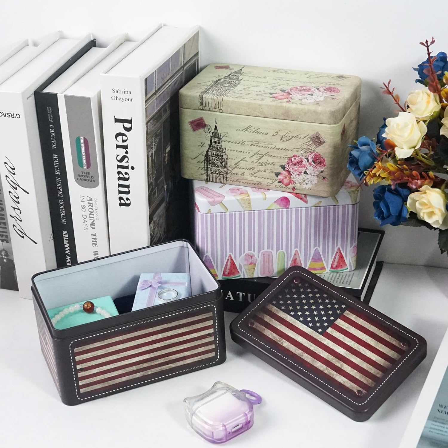 Dreamseden 3-Pack Small Storage Tin Box - Vintage US Flag, Green Sketching, Pink Popsicles Metal Box Set - Decorative Mini Containers for Candy, Jewelry, Keepsakes - Home Decoration Gift Collection image number 3