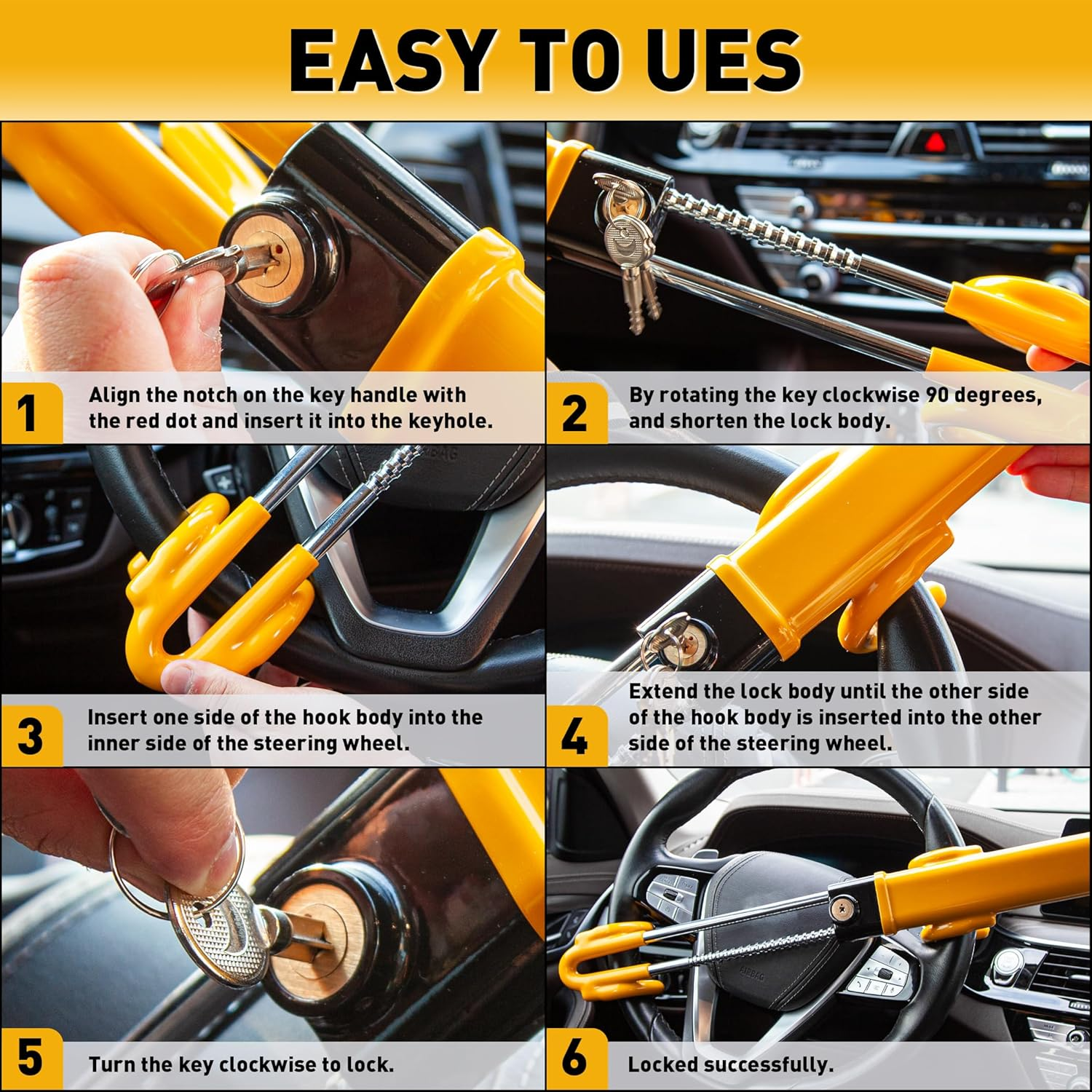 CARTMAN Heavy Duty Steering Wheel Lock Anti-Theft Car Device Security Car Lock Great Deterrent Adjustable Antitheft Locking Devices for Cars Trucks Vans and Suvs with 3 Keys image number 4