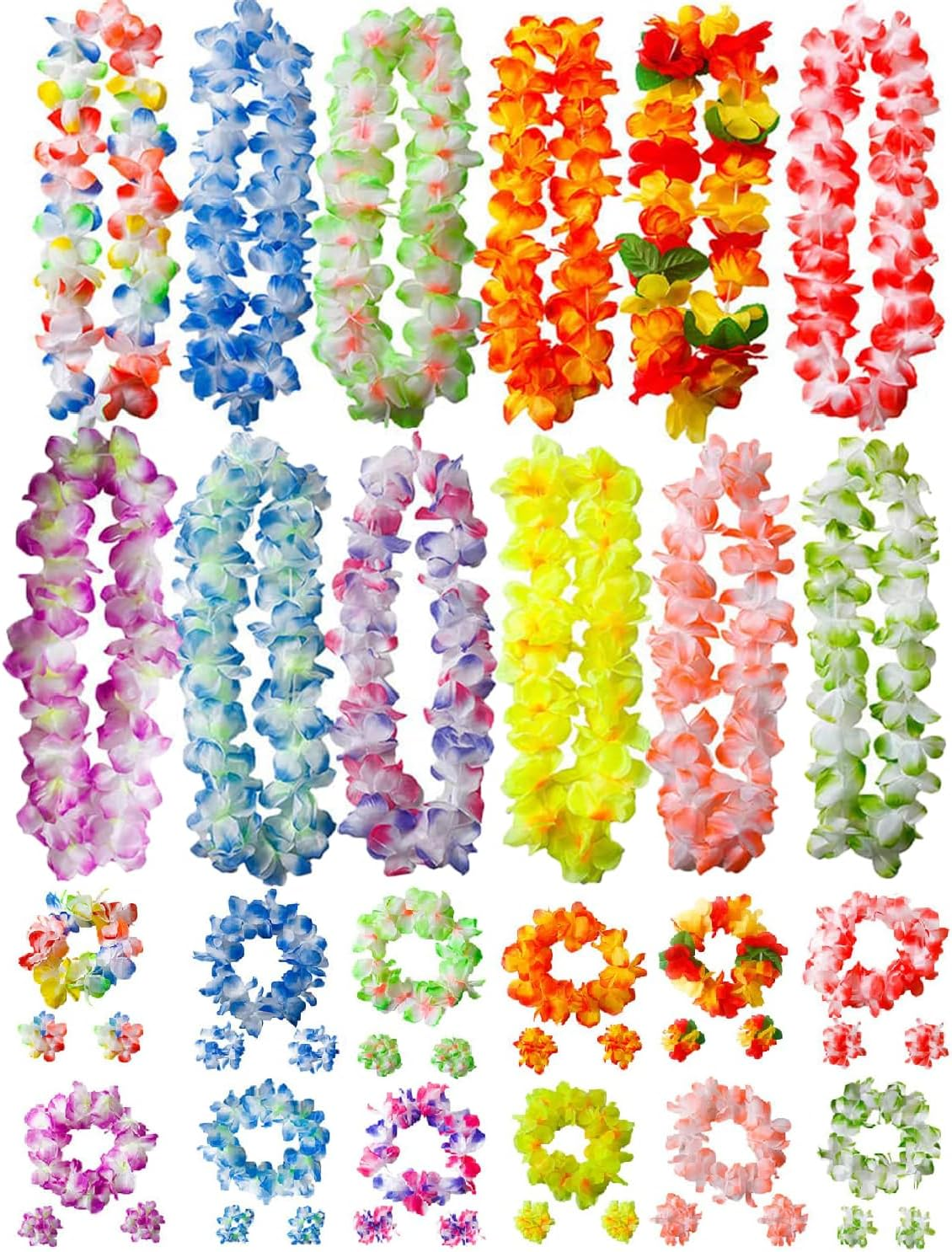 48 Pcs Hawaiian Flower Garlands with Bracelets Headbands Set,Hawaiian Leis Luau Party Decorations Tropical Party Favors for Adult Kids Aloha Tiki Beach Jungle Lays Summer Party image number 3