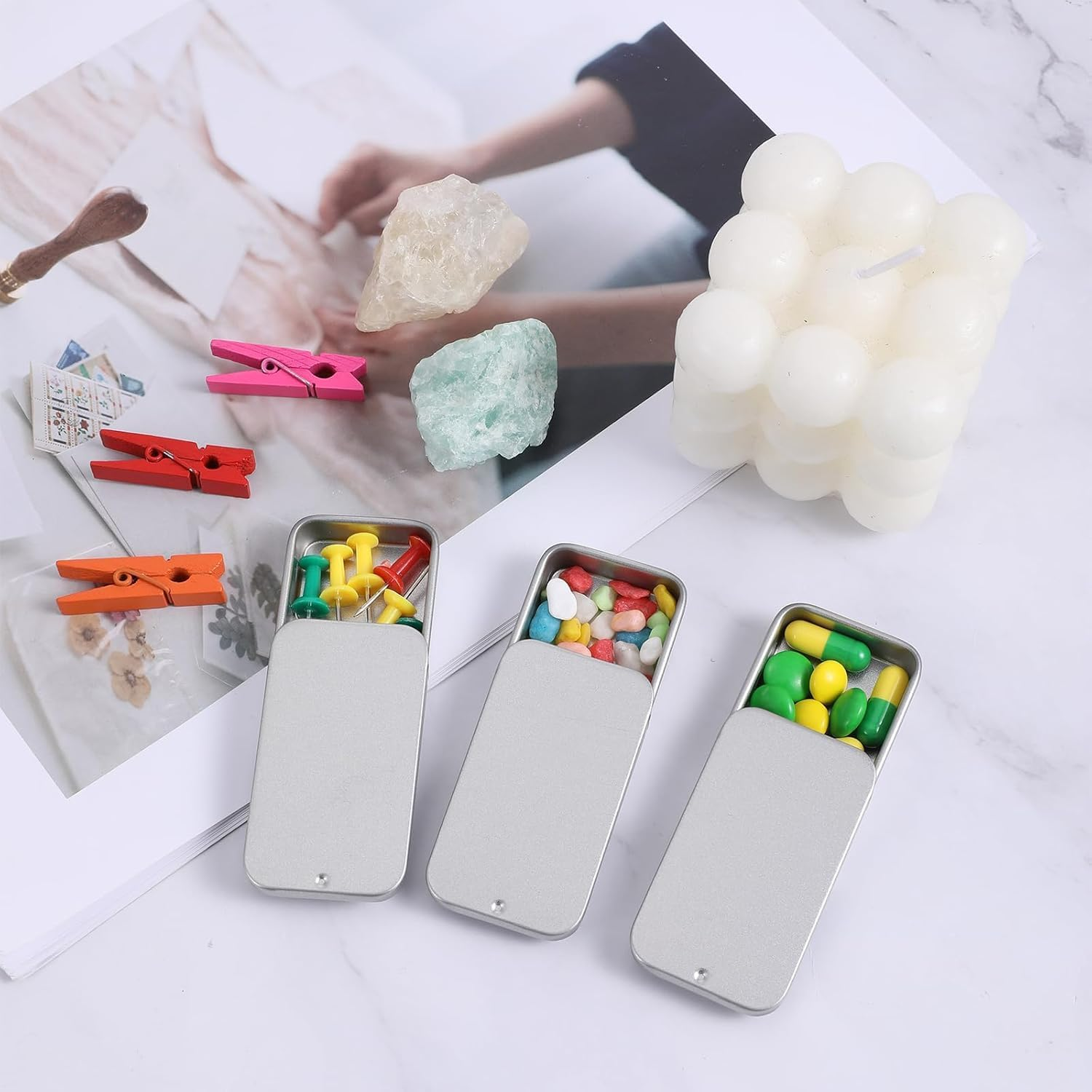 20Pcs Mini Portable Slide Top Small Tin Containers,2.36" X 1.34" X 0.39"Metal Tins Box Empty Storage Organizer Tins with Lids for Lip Balm Candies Candles (&lrm;Silver)