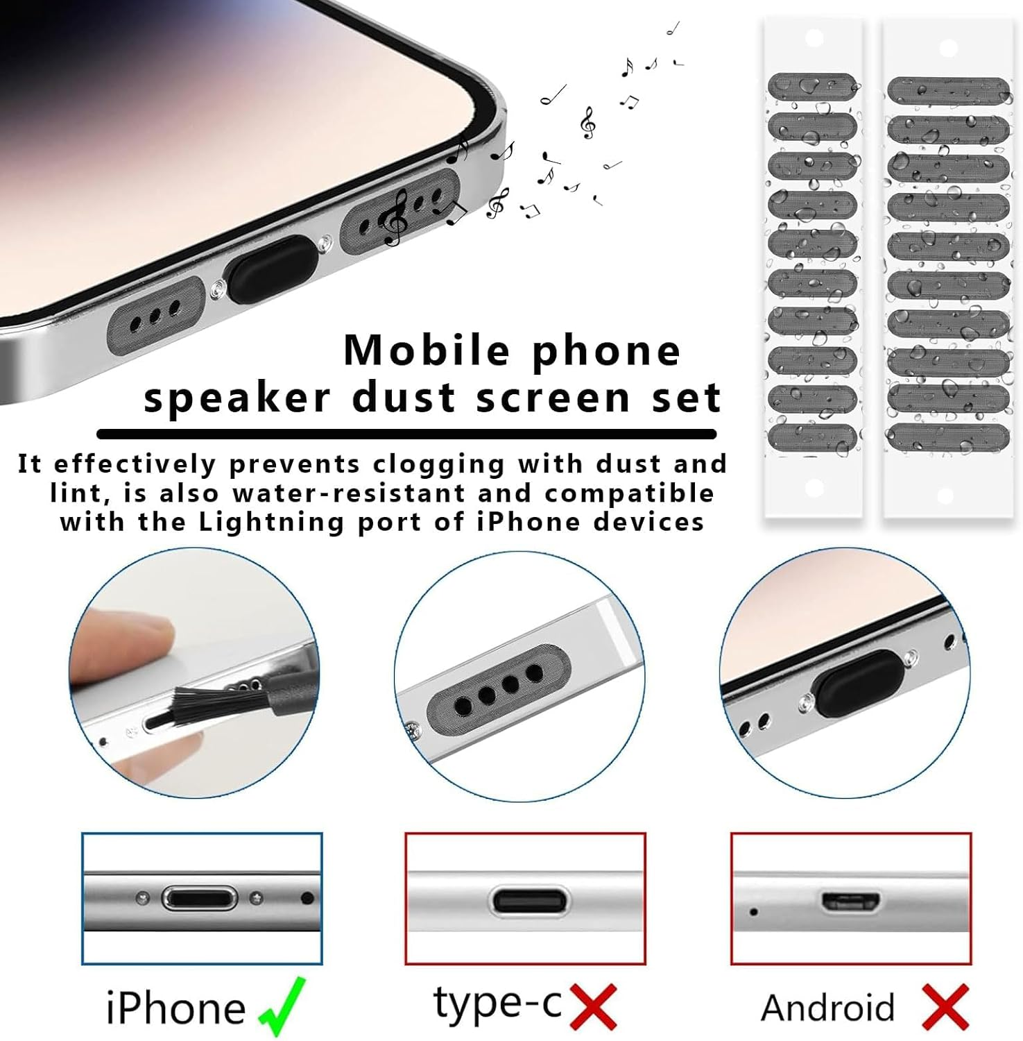 Yuannee Mobile Phone Dust Protection Kit, 8 Pieces Mobile Phone Dust Plug Dustproof Mesh Sticker Silicone Cover Speaker Grid Waterproof Dustproof Plug USB C Dust Protection for Mobile Phones image number 3