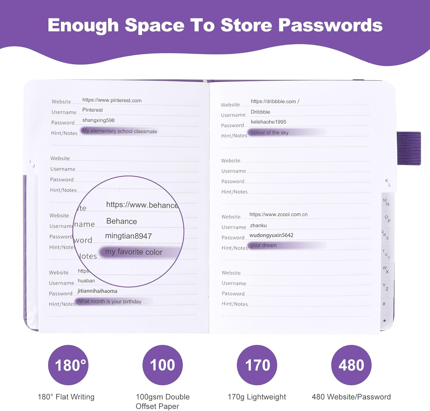 JUNART A6 Password Book,Internet Password Log Book with Alphabetical Tabs, Hardcover Address Book with Elastic Pen Loop(Green) - Black image number 3