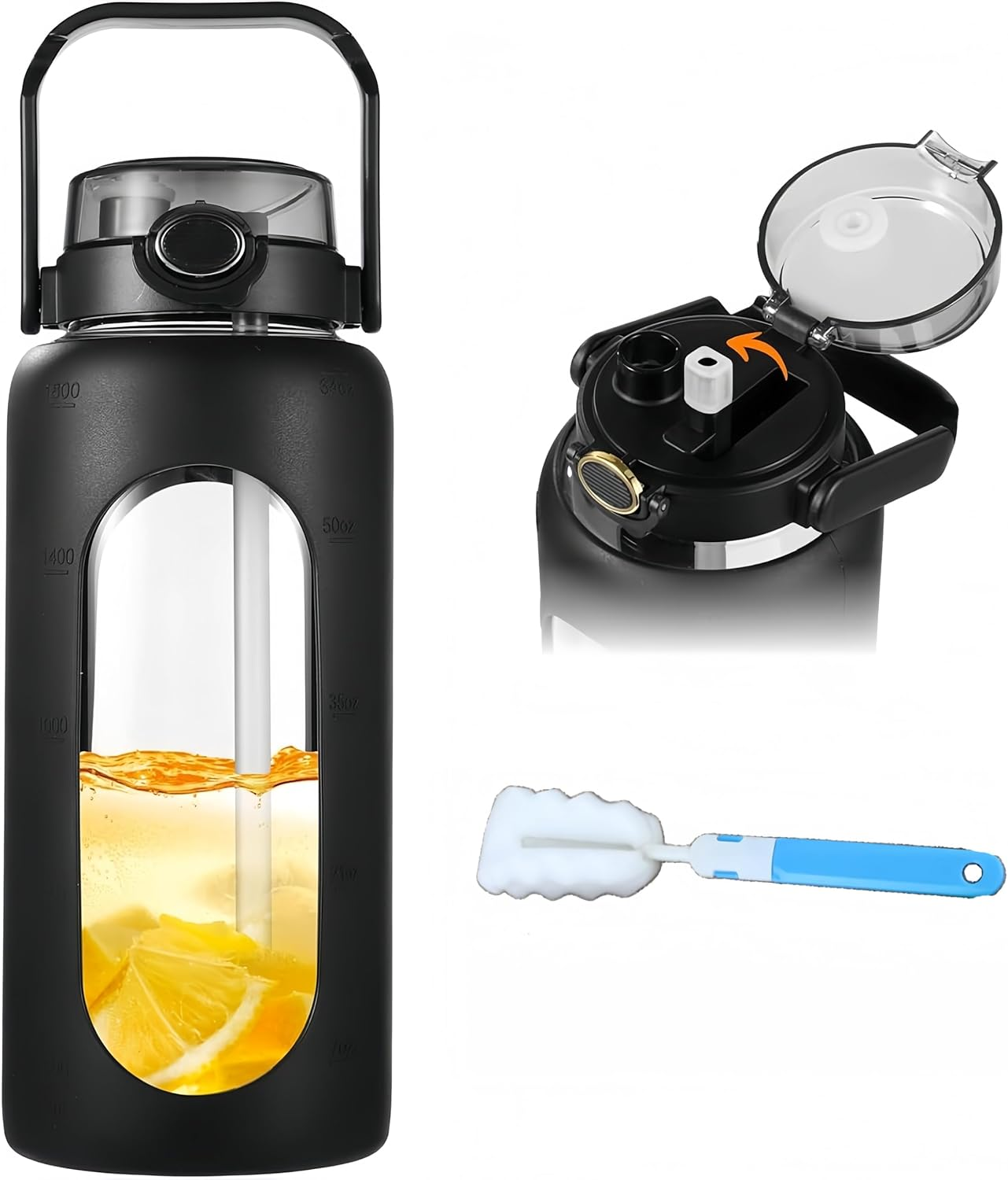 64 Oz Gass Water Bottle,Leak-Proof Sports Glass Water Cup with Straw Lid, Featuring Scale Markings and Silicone Sleeve, Bpa-Free and Reusable, Suitable for School, Gym, Travel, and Exercise image number 4