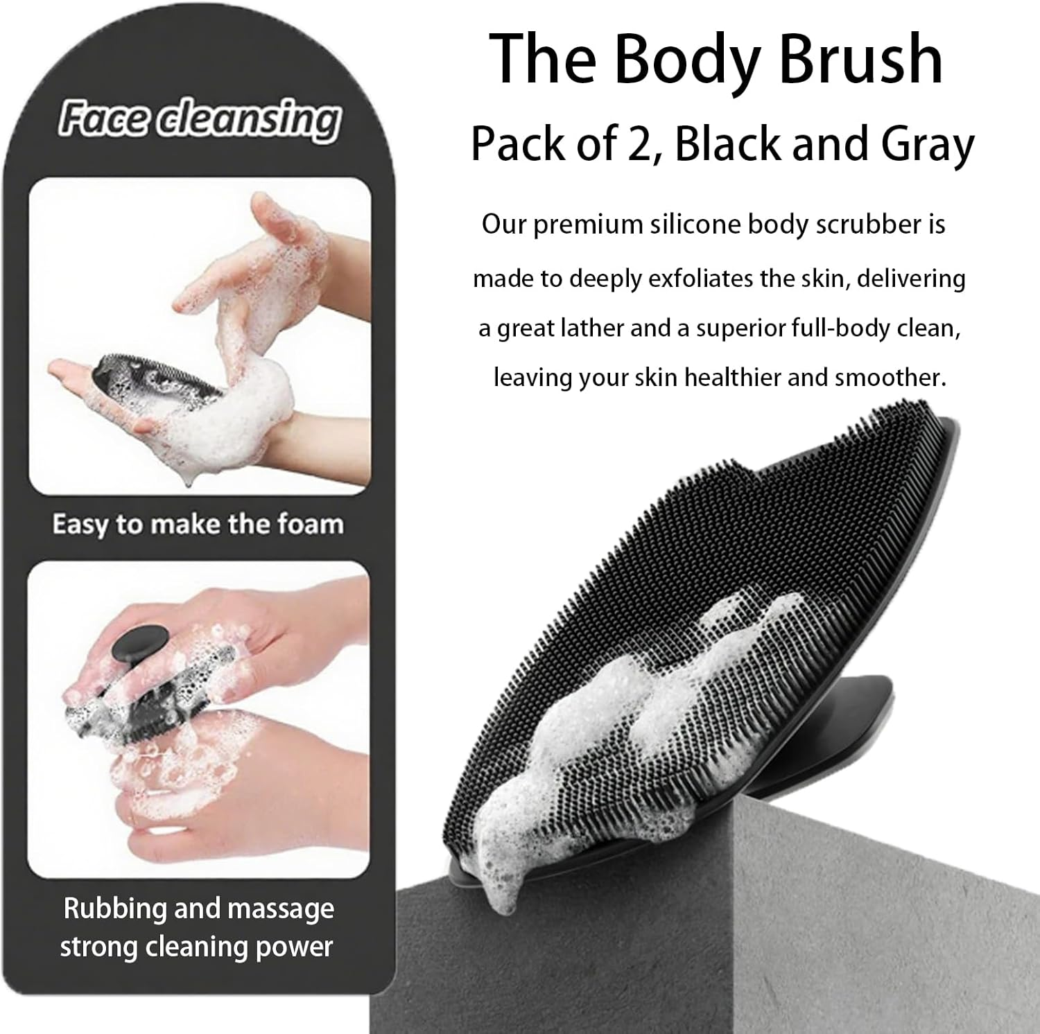 Silicone Body Scrubber Set, 2-Pack, Shower Exfoliating Brush with No-Slip Handle, Black image number 2