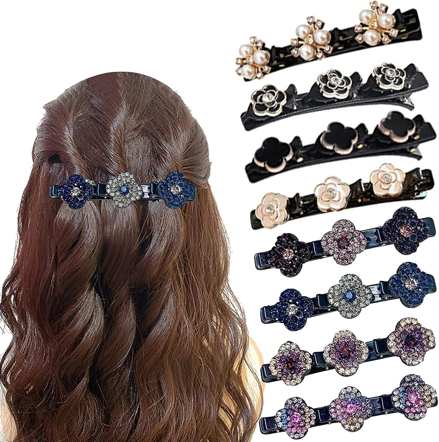 Hummingbird Hair Clip with Crystal Flower, Rhinestone Hair Clip, Four-Leaf Hairpin Duck Beak Clip, Hair Accessories for Women, Pack of 8 Braided Hair Clips, Fashionable Double Layer Mini Hair Clips image number 3