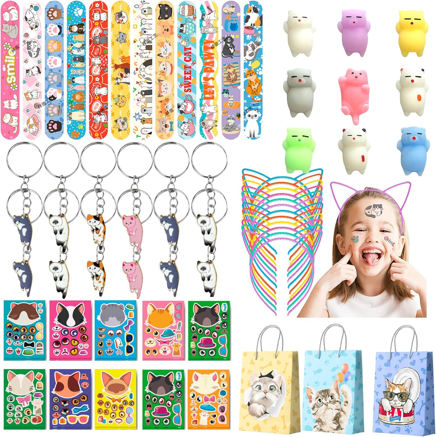 Cat Party Favors, 72Pcs Kitty Party Favors Set Including Cat Goodie Bags Ears Headband Stickers Keychains Slap Bracelets Etc Cat Themed Party for Birthday Decorations Supplies image number 2
