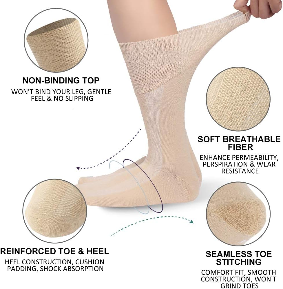 Kitnsox Unisex Seamless Casual Cotton Non Binding Cushion Diabetic Crew Socks 1/3/6 Pack M/L/XL