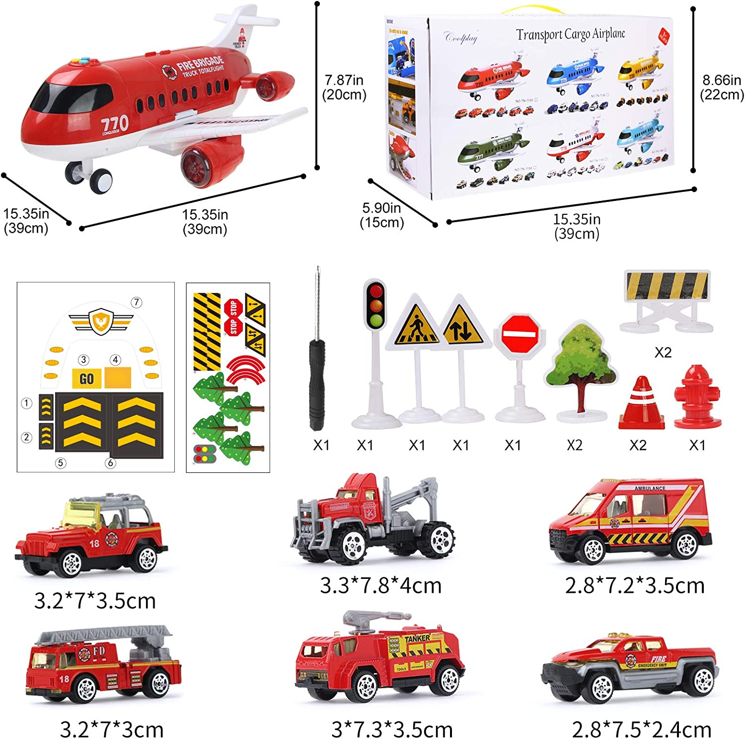 Coolplay Airplane Toy Car Set Red Airplane Light and Sound with Rescue Fire Trucks Road Signs Playmat for Kids Boy Toys image number 5