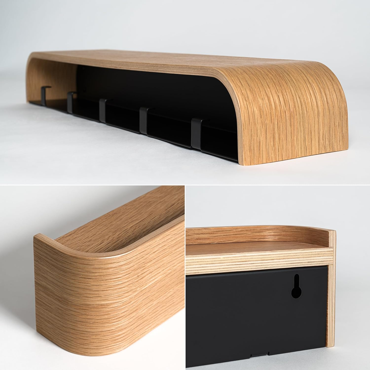 Kazai. Wall-Mounted Coat Rack 'Toke' | Modern Design Coat Rack with Hidden Wall Hooks | Solid Wood Veneer Panel Coat Hanger | Oak image number 2