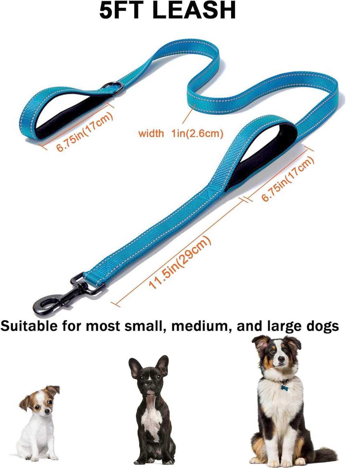 Aeclleca Soft Handle Reflective Black Dog Leash with 2 Padded Handles, 5FT Heavy Duty Pet Lead for Medium & Large Dogs, Comfortable Anti-Slip Grip & Night Safety Design (Sky Blue) - Black image number 5