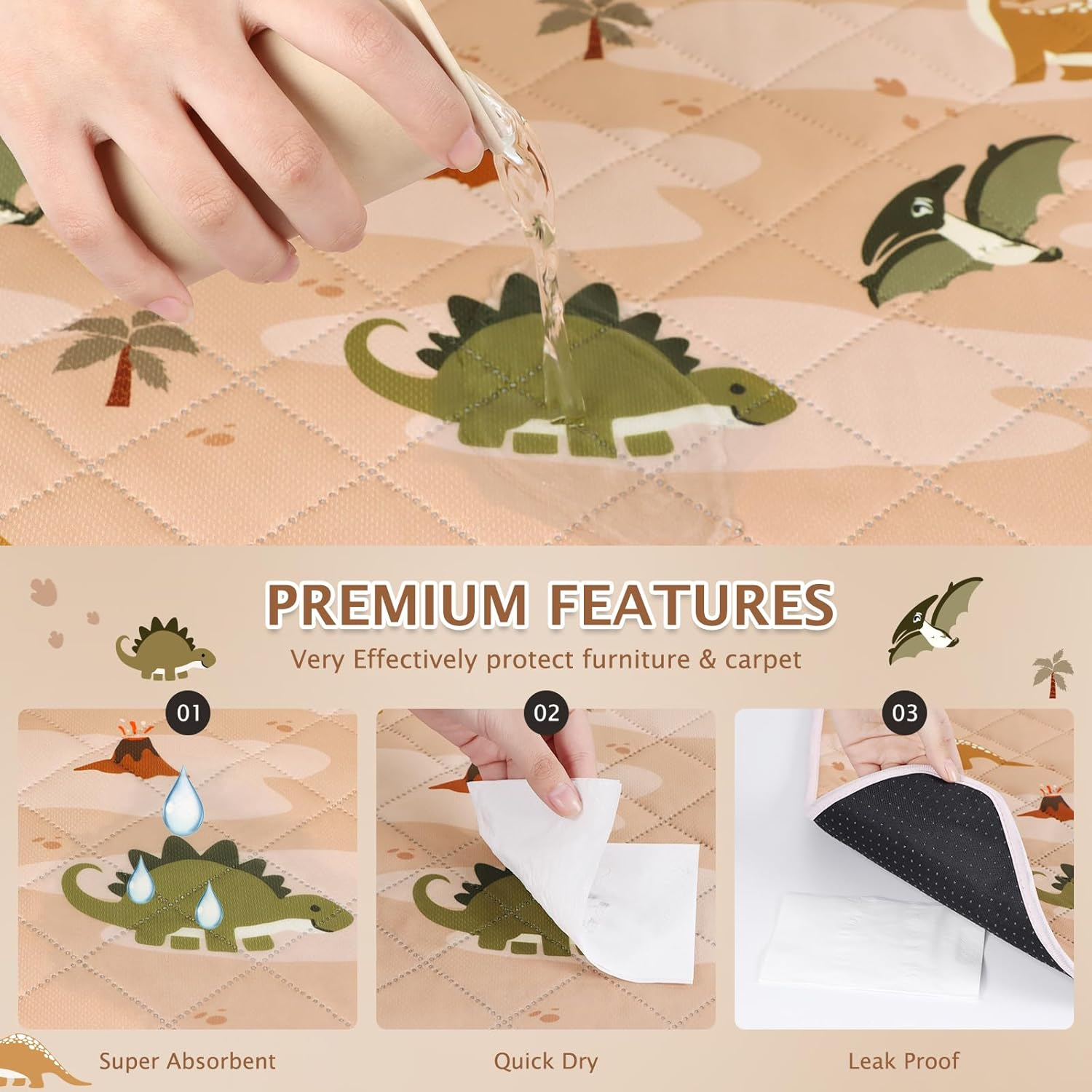 BVAGSS Washable Pee Pads for Dogs, 2 Pack Reusable Leakproof Puppy Wee Wee Pad, Non-Slip Waterproof Pet Training Pads, Super Absorbent Whelping Pads XH081 (90X60Cm,Pink Dinosaur)