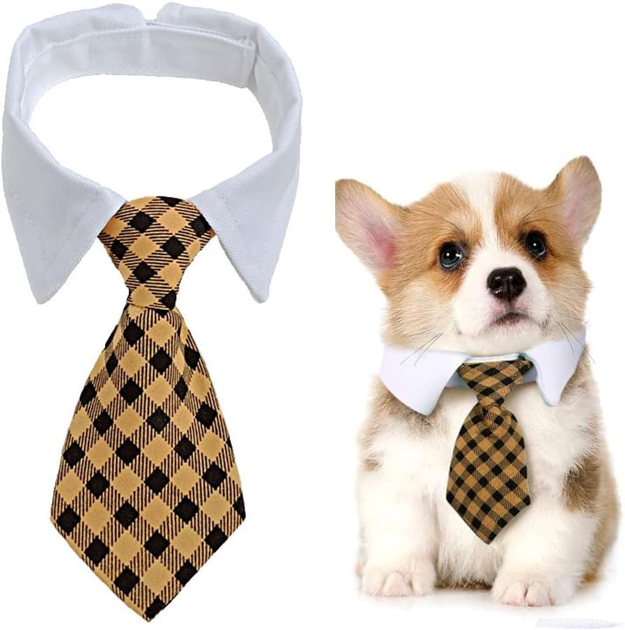 Voarge Dog Tie, Adjustable Dog Collar with Velcro Fastening, Pets Wedding Bow Tie, Formal Puppy Bow Tie, Tuxedo Collar Costume Tie (Yellow Chequered, L)