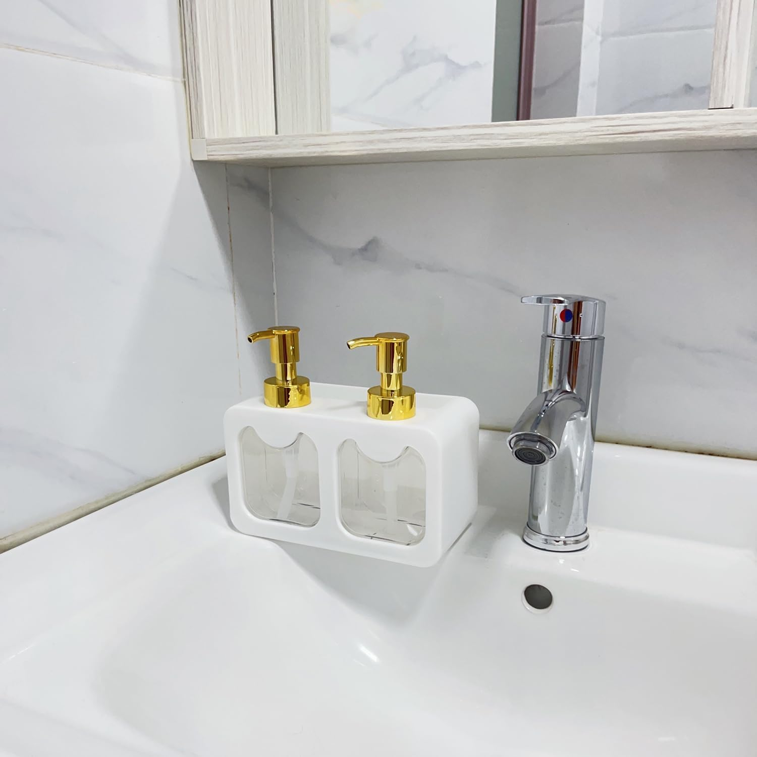 Dual Soap Dispenser,Liquid Hand and Dish Soap Dispenser and Spong Caddy with Brush Holder Countertop Organizer for Kitchen (White) image number 6