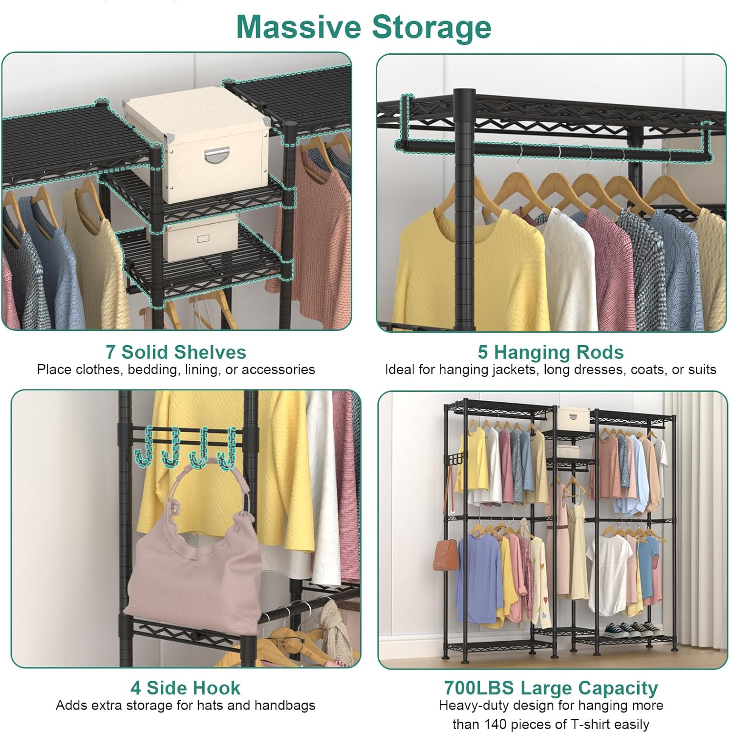 Heavy Duty Clothes Rack, L Shaped Garment Rack for Corner, Metal Freestanding Clothing Rack, Adjustable Wardrobe Closet with 5 Hang Rods & 7 Shelves, 69.7" L X 13.4" W X 76.8" H, Black image number 4