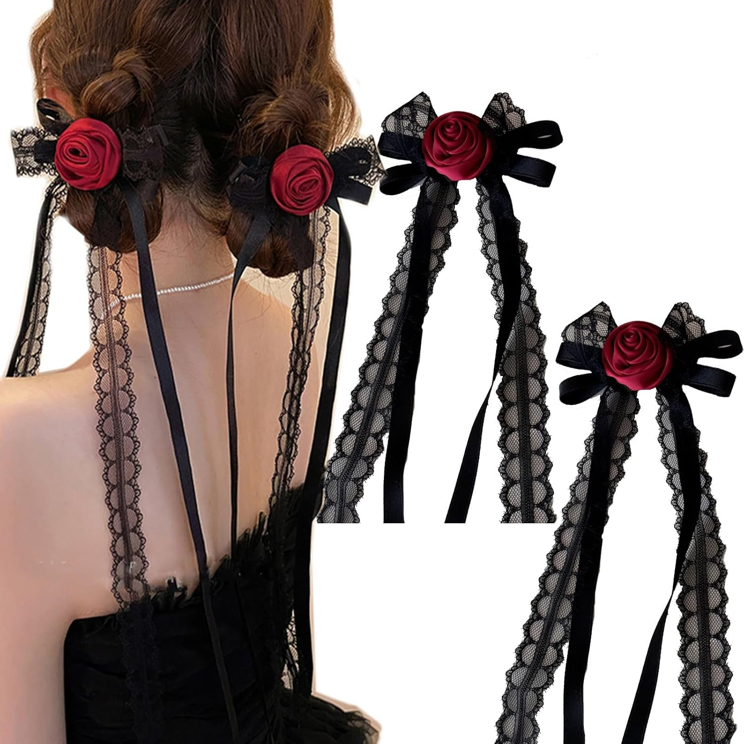 LERTREE 2Pcs Gothic Rose Hair Clips with Long Ribbon Tail, Black Lace Floral Bowknot Hair Barrettes for Halloween Cosplay Bridal Wedding