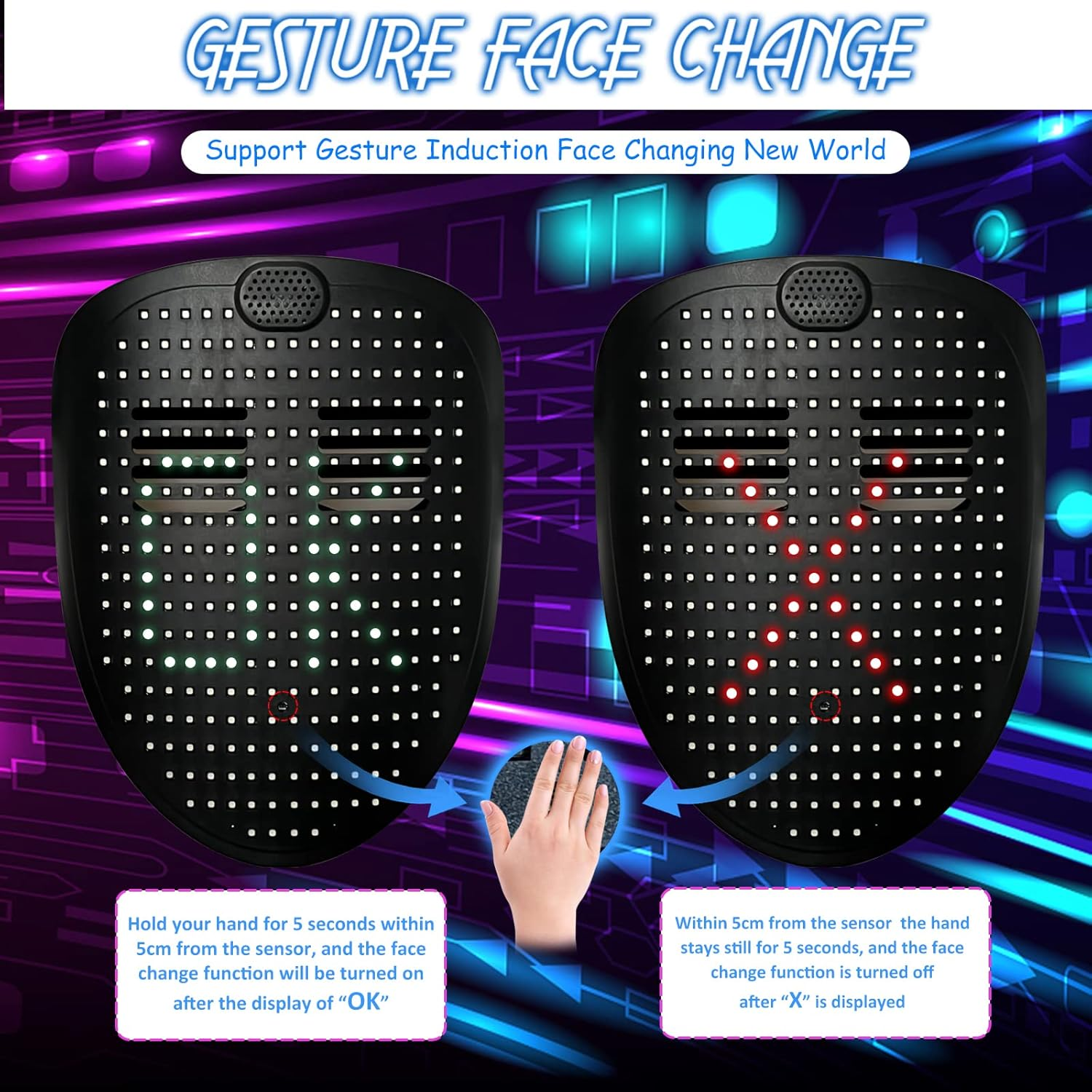 MOYACA Led-Maske Mit Gestenerkennung, Led-Beleuchtete Gesichtsverwandelungsmaske F&uuml;r Kost&uuml;m, Cosplay, Party, Maskerade, Leuchtende Maske F&uuml;r Halloween image number 2