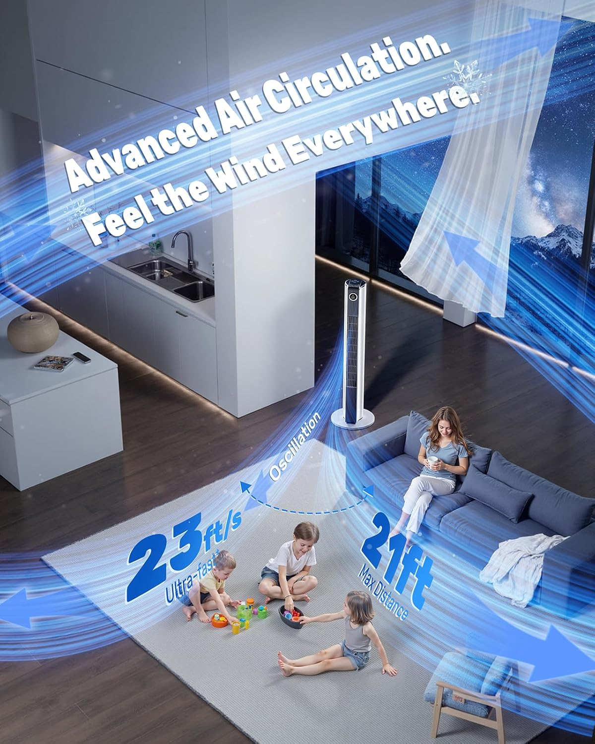 Tower Fan for Bedroom, Oscillating Pedestal Fans with Remote, Portable Electric Bladeless Tower Fans with 3 Fan Speed, 3 Wind Modes & 12H Timer, Quiet Standing Fan for Indoor Room Home Office image number 4