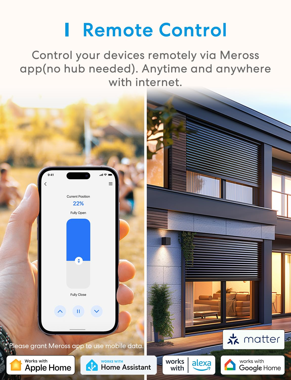 Meross Matter Electric Roller Shutter, Electric Roller Shutter up to 45 Kg (Approx. 6 M&sup2;), for 23 Mm Belt, Compatible with Apple Homekit Siri, Amazon Alexa, Google Assistant and Smartthings image number 2