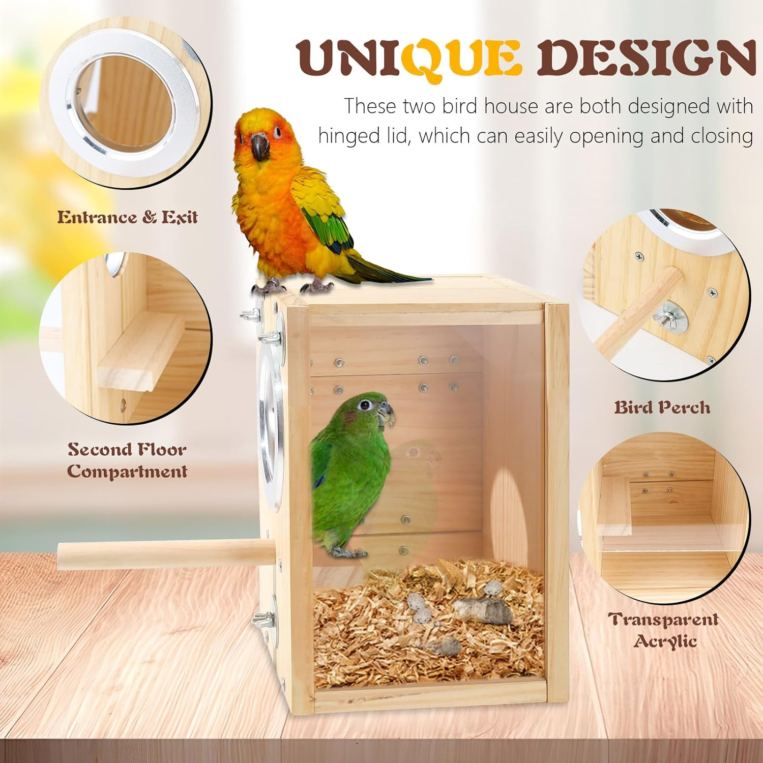 2 Pack Wood Bird Nest Box, Parakeet Nesting Box, Bird Nest Breeding Box Transparent, Bird House for Cage, Wood Breeding Box for Lovebirds, Cockatiel, Budgie image number 6