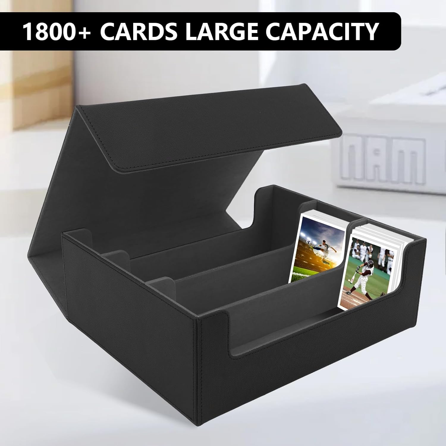 ZEMBSOYA Card Storage Box for Trading Cards, 1800+ PU Leather Collectible Card Deck Storage Case, Magnetic Closure Card Holder Fits for Magic Game Cards (Black) image number 3